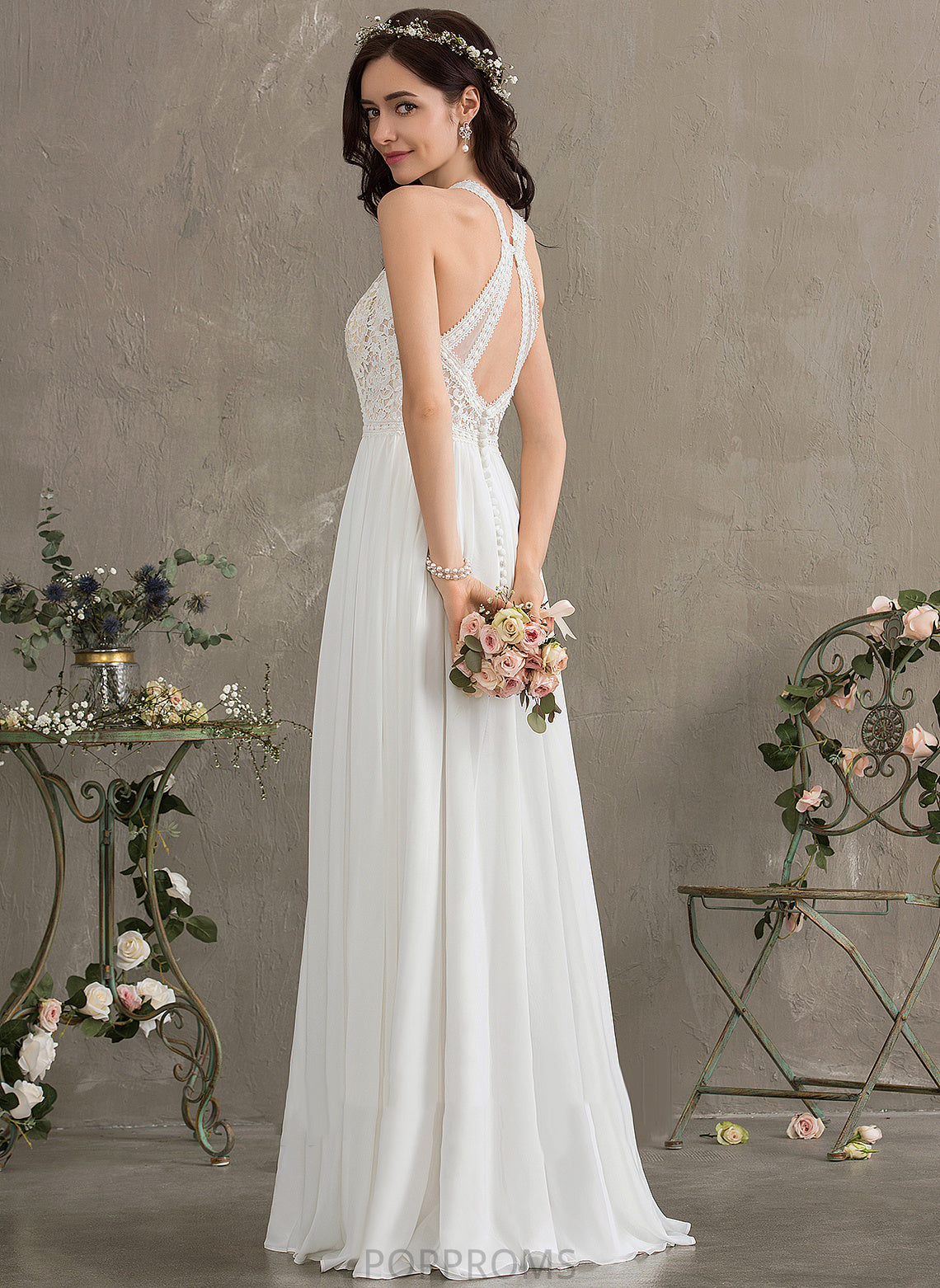 A-Line Chiffon Floor-Length Lace Wedding Neck Dress Harmony Scoop Wedding Dresses