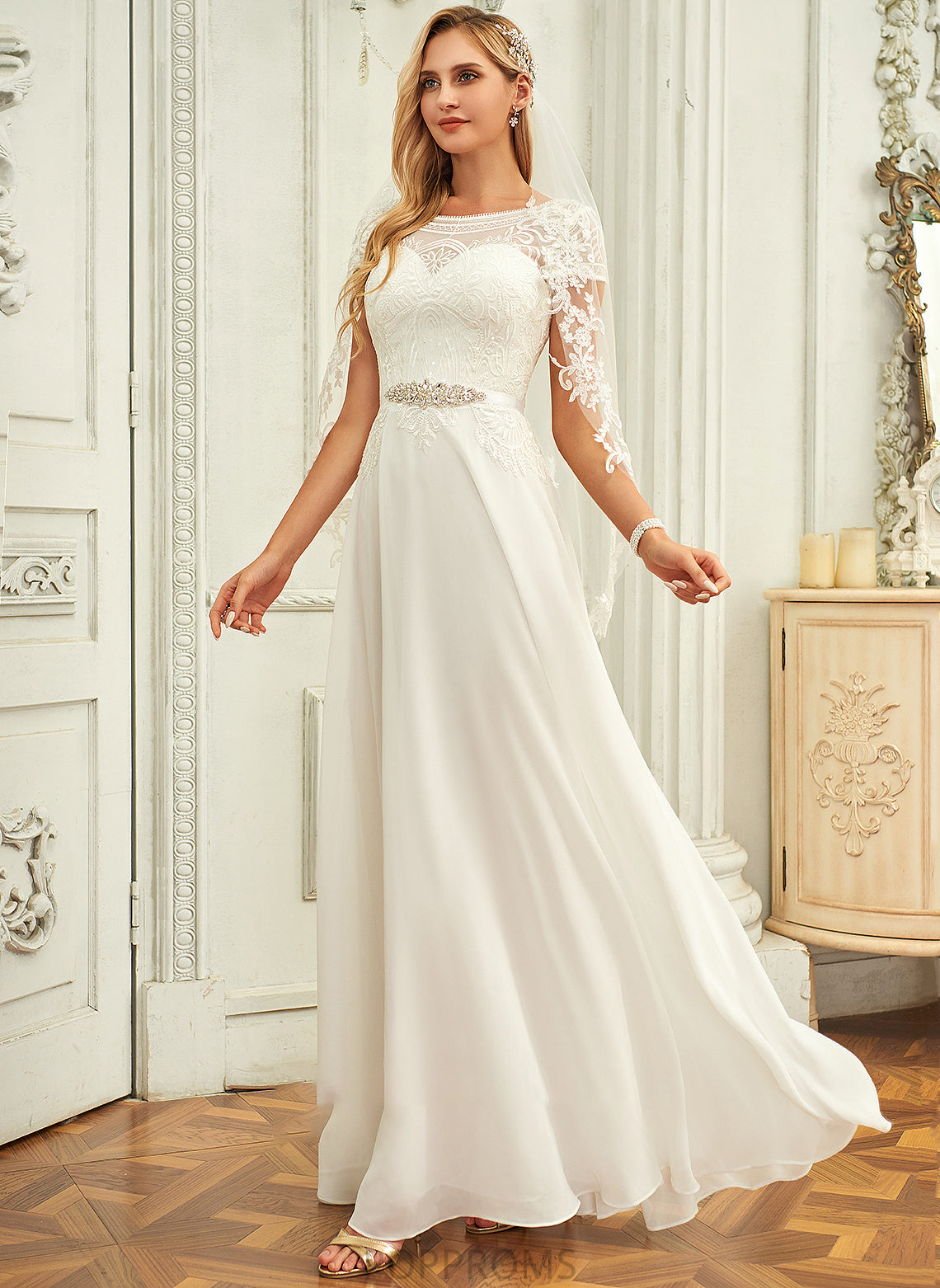 With Lauren Neck Sequins Dress Wedding Dresses A-Line Lace Wedding Chiffon Scoop Floor-Length