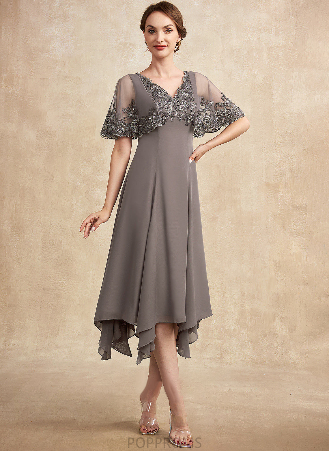 Mother Taniya Mother of the Bride Dresses Beading Sequins V-neck Bride Lace With of Chiffon Tea-Length the Dress A-Line