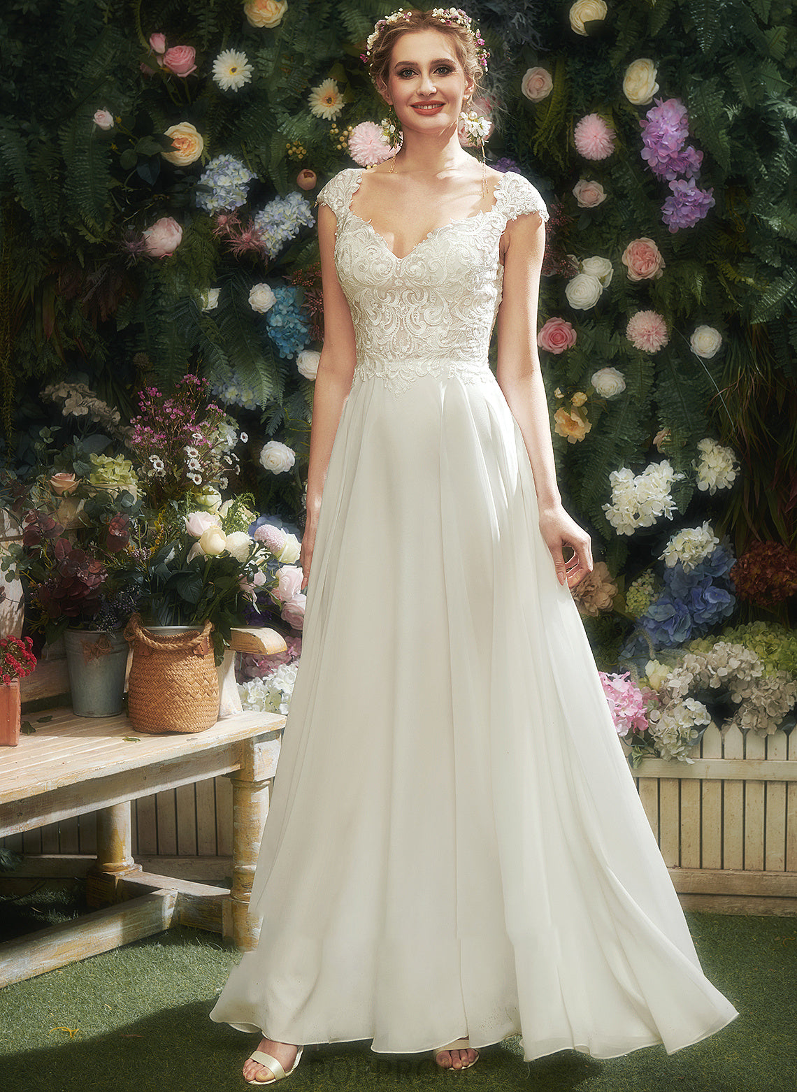 A-Line Wedding Lace V-neck Floor-Length Dress Trudie Wedding Dresses With