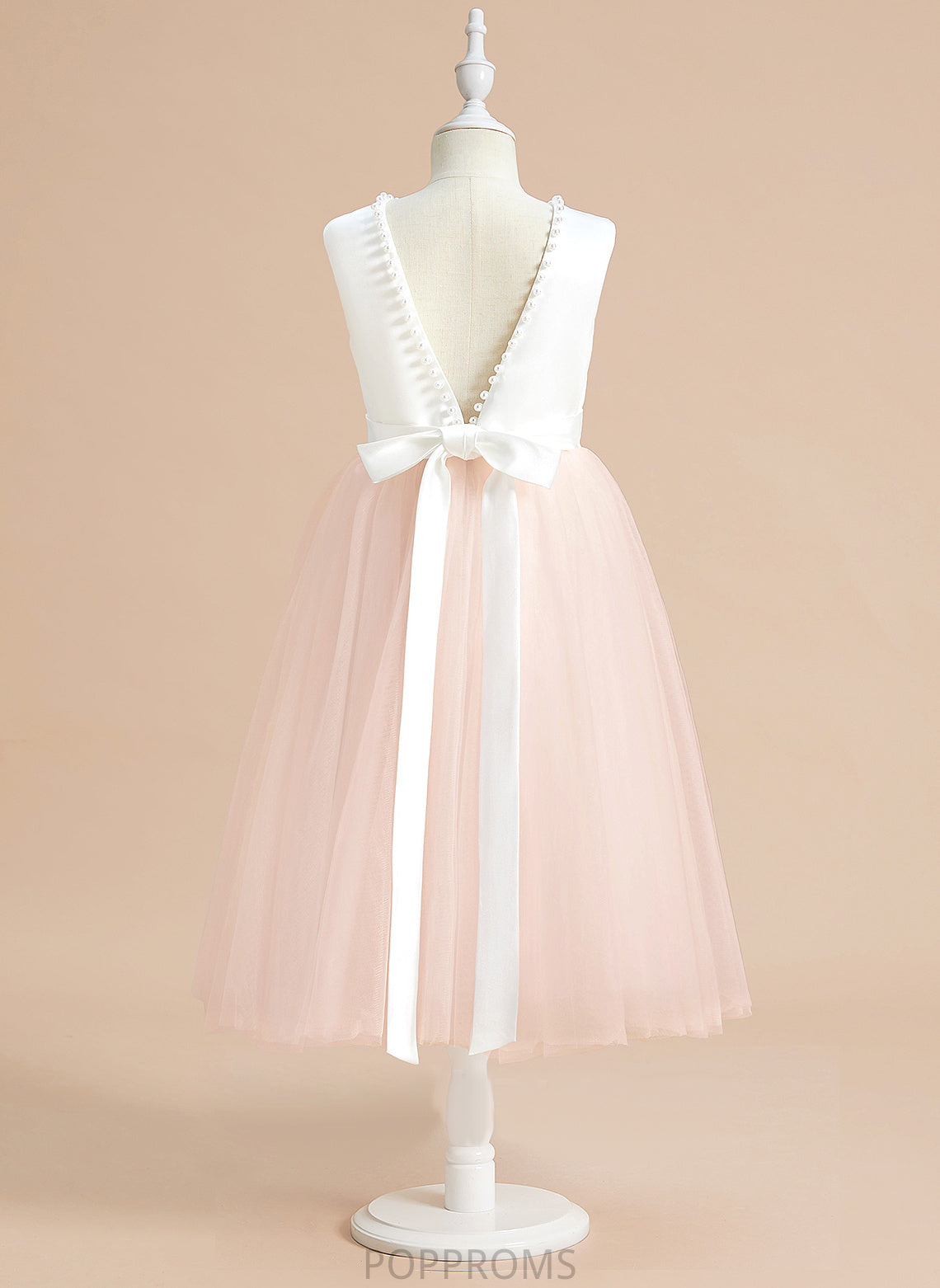 Tea-length Flower With Scoop Dress A-Line Satin/Tulle Neck - Sleeveless Beading/Bow(s) Flower Girl Dresses Sanaa Girl