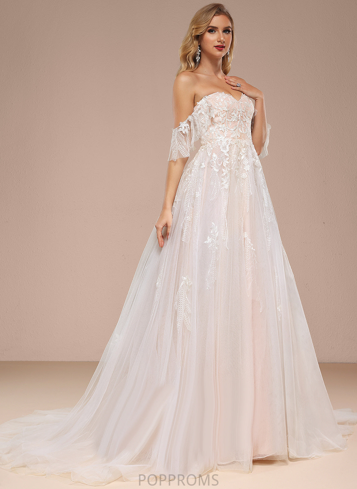 Tulle Wedding Train Sweetheart Court Wedding Dresses Lace Sequins With Ball-Gown/Princess Dress Off-the-Shoulder Michaela Ruffle