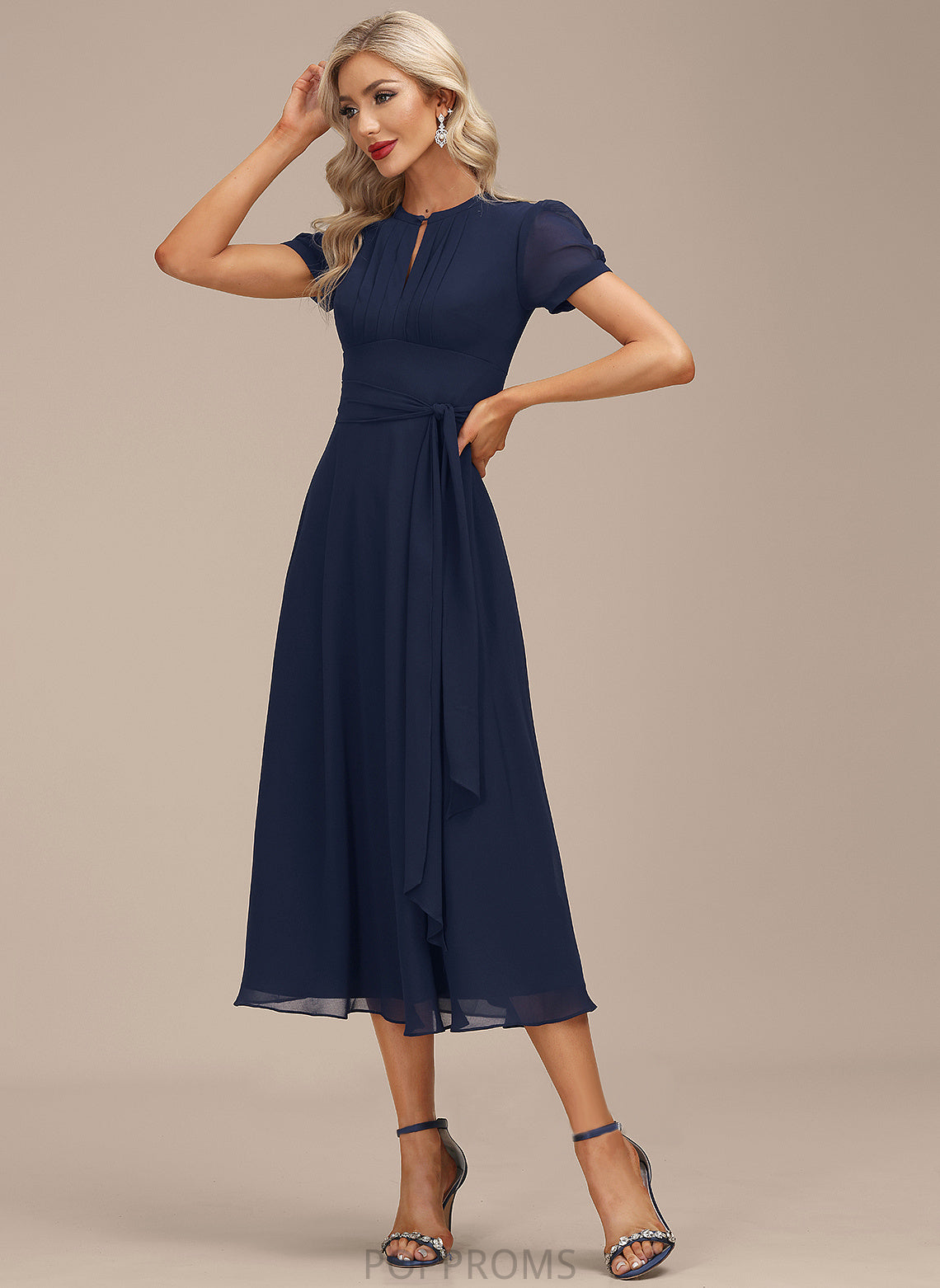 Cocktail Nina Neck Tea-Length Scoop Chiffon Ruffle A-Line Dress With Cocktail Dresses