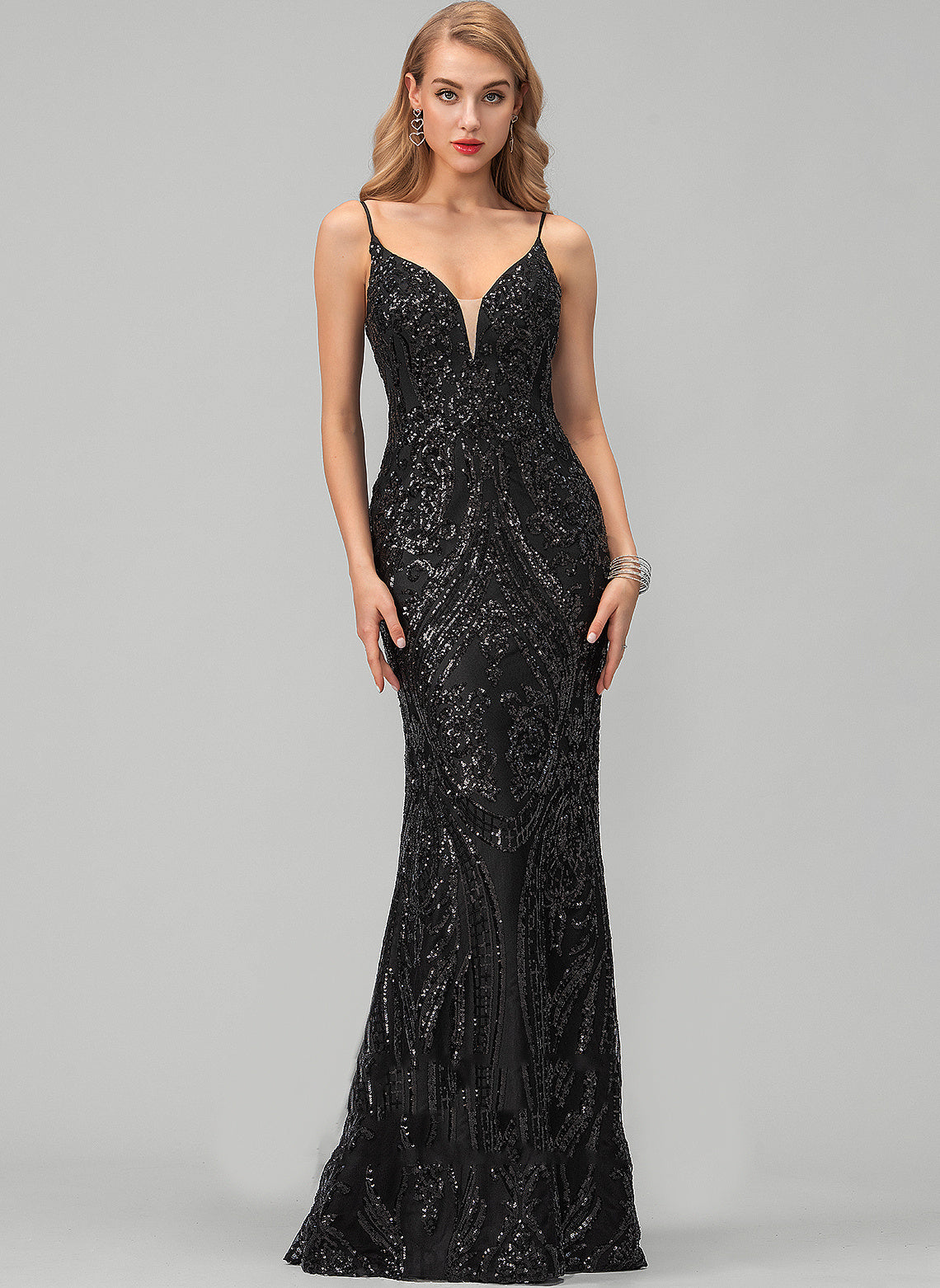 V-neck Satin Sheath/Column Sequined Floor-Length Prom Dresses Allyson