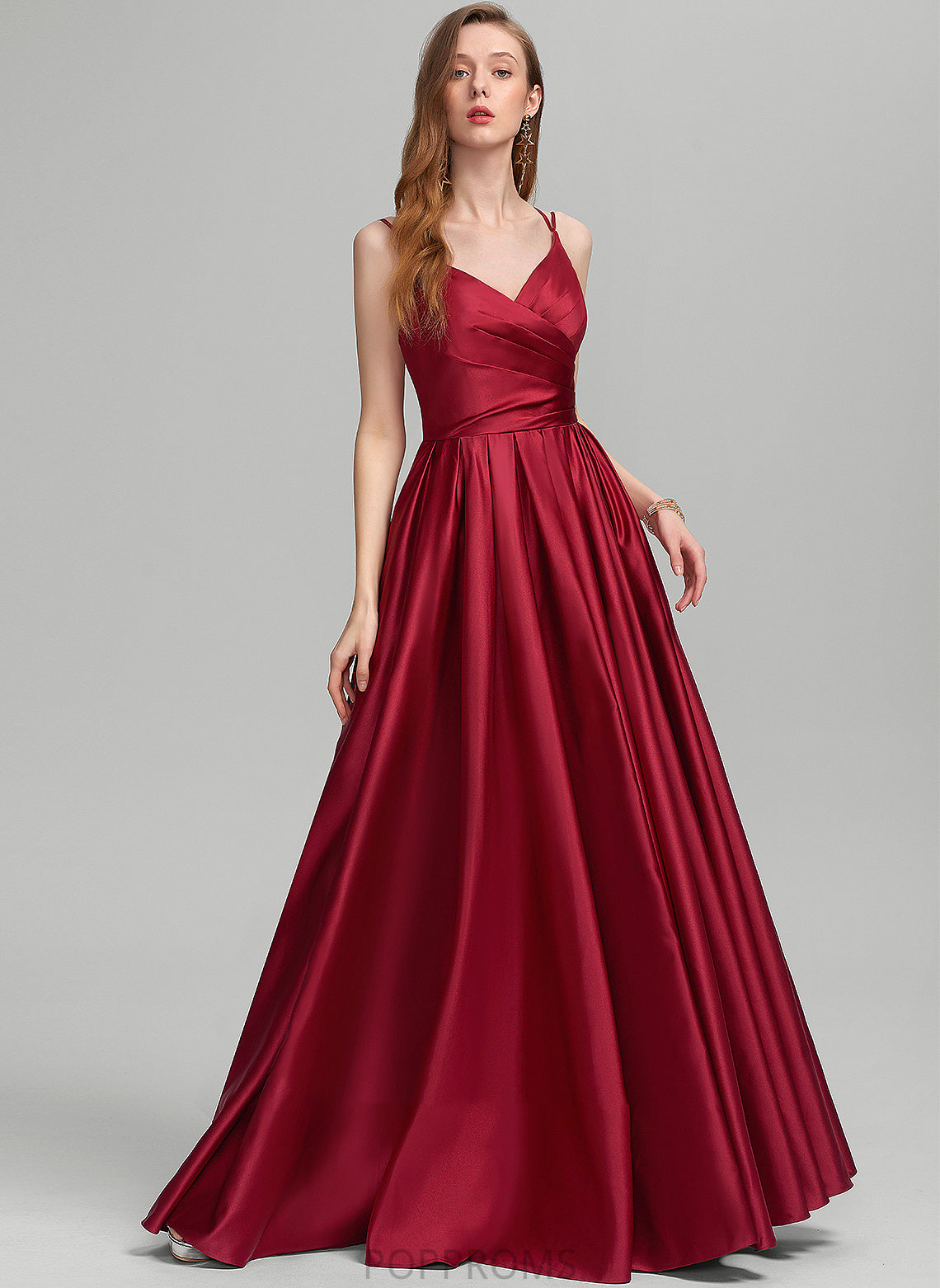 With Pockets Satin A-Line Essence Prom Dresses Ruffle V-neck Floor-Length