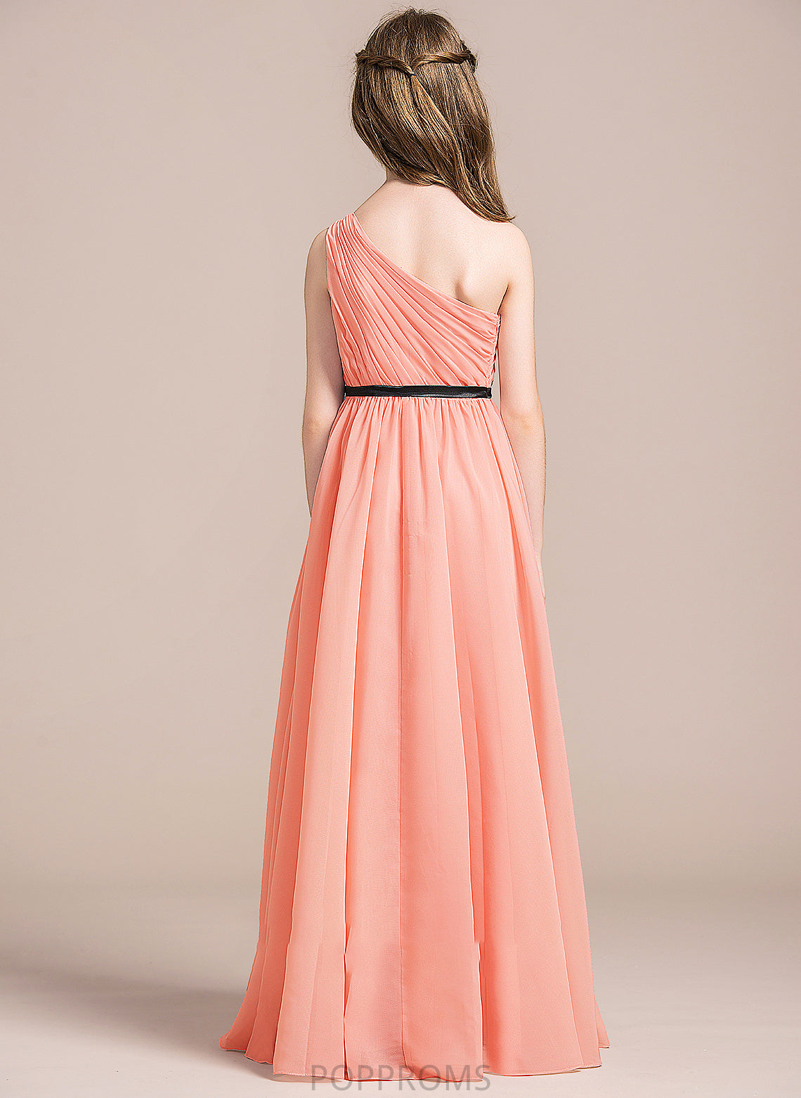 With A-Line Jo One-Shoulder Floor-Length Bow(s) Chiffon Ruffle Junior Bridesmaid Dresses