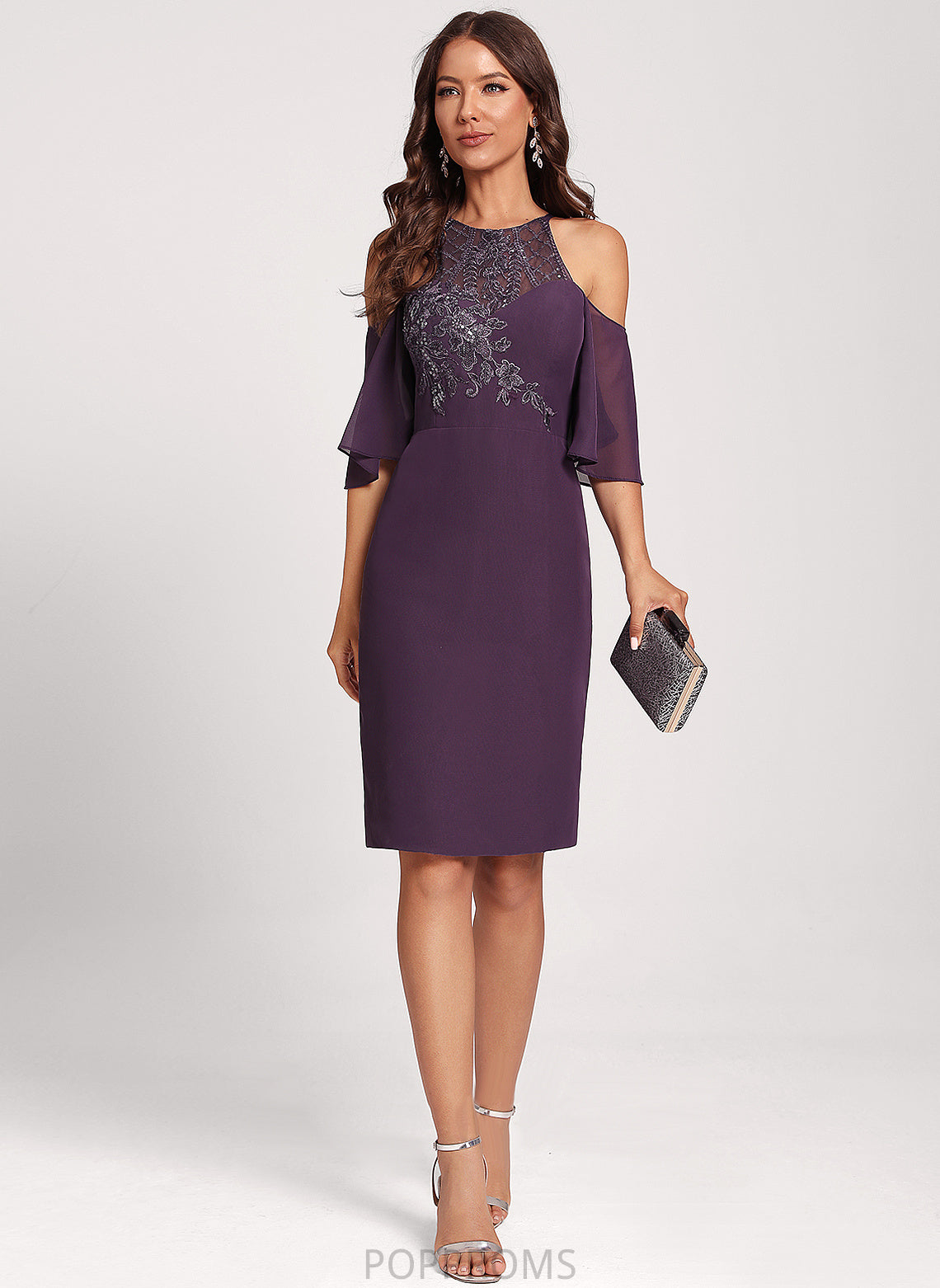 Sheath/Column Shoulder With Dress Cocktail Club Dresses Sequins Lace Knee-Length Chiffon Thirza Cold