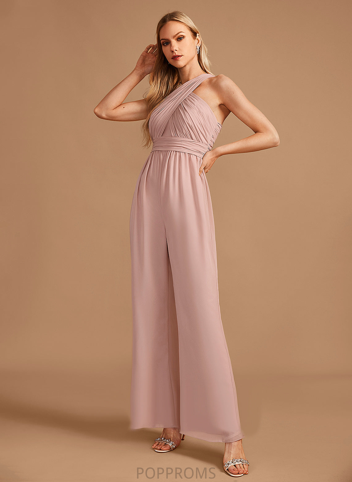 Floor-Length Embellishment Length Fabric Pleated HighNeck Straps Neckline Kelly Sleeveless V-Neck Natural Waist Bridesmaid Dresses