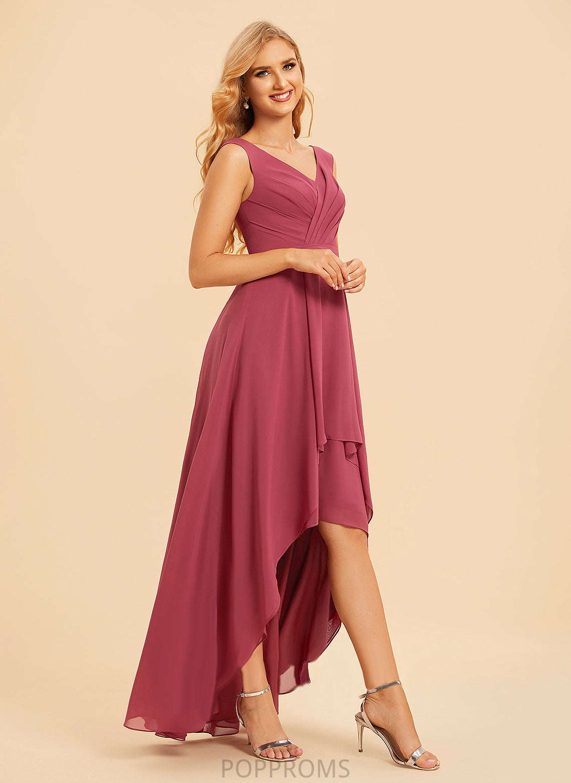 Neckline Ruffle A-Line Fabric Silhouette Embellishment V-neck Length Asymmetrical Kaia Natural Waist Spaghetti Staps Bridesmaid Dresses