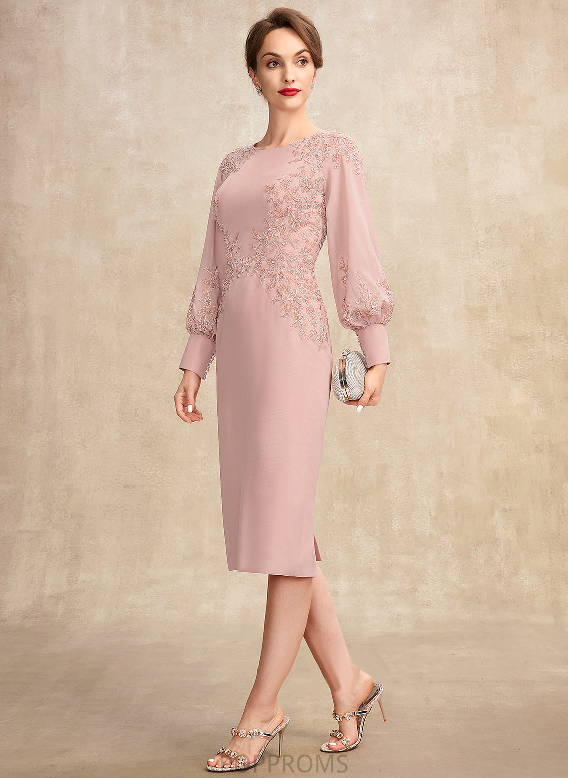 Sheath/Column Beading Scoop Mother of the Bride Dresses the Sequins Michelle of Neck Dress Chiffon Bride With Knee-Length Lace Mother