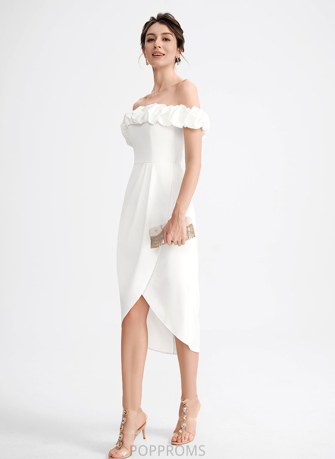 With Stretch Off-the-Shoulder Mariela Asymmetrical Dress Cocktail Crepe Cocktail Dresses Ruffle