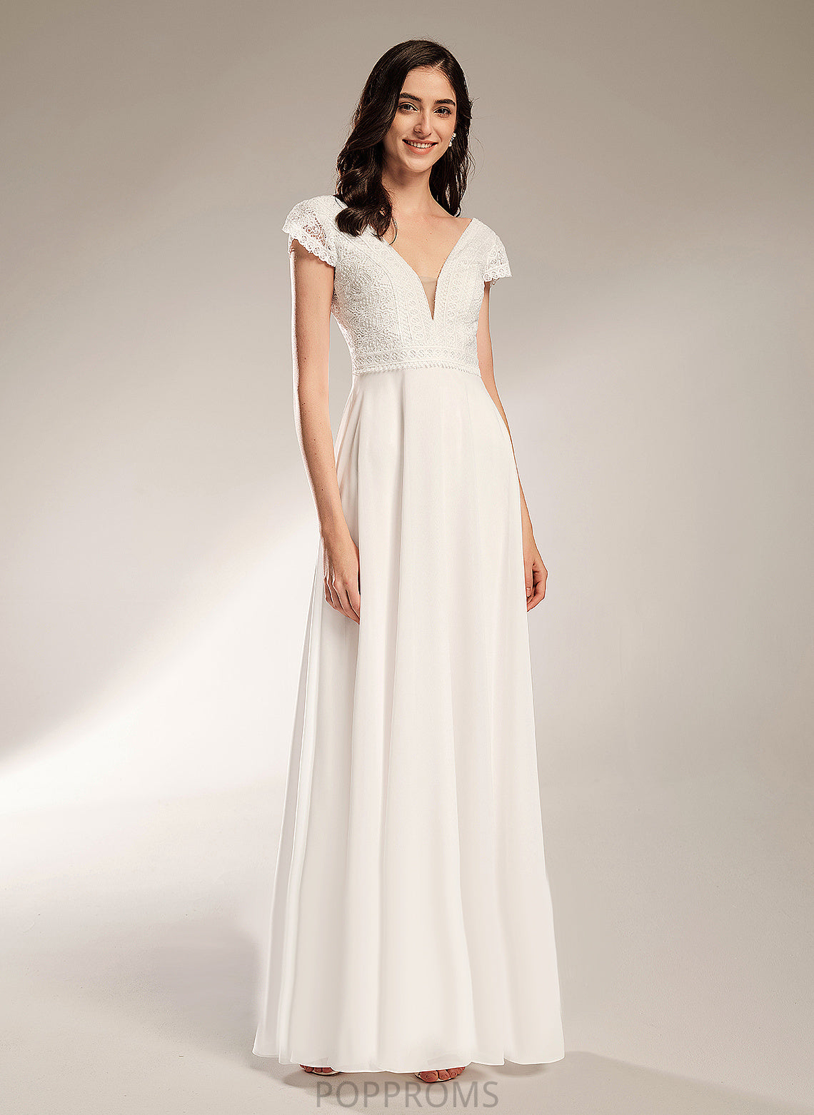 Dress Alisa Chiffon Lace Wedding Dresses A-Line V-neck Wedding Floor-Length