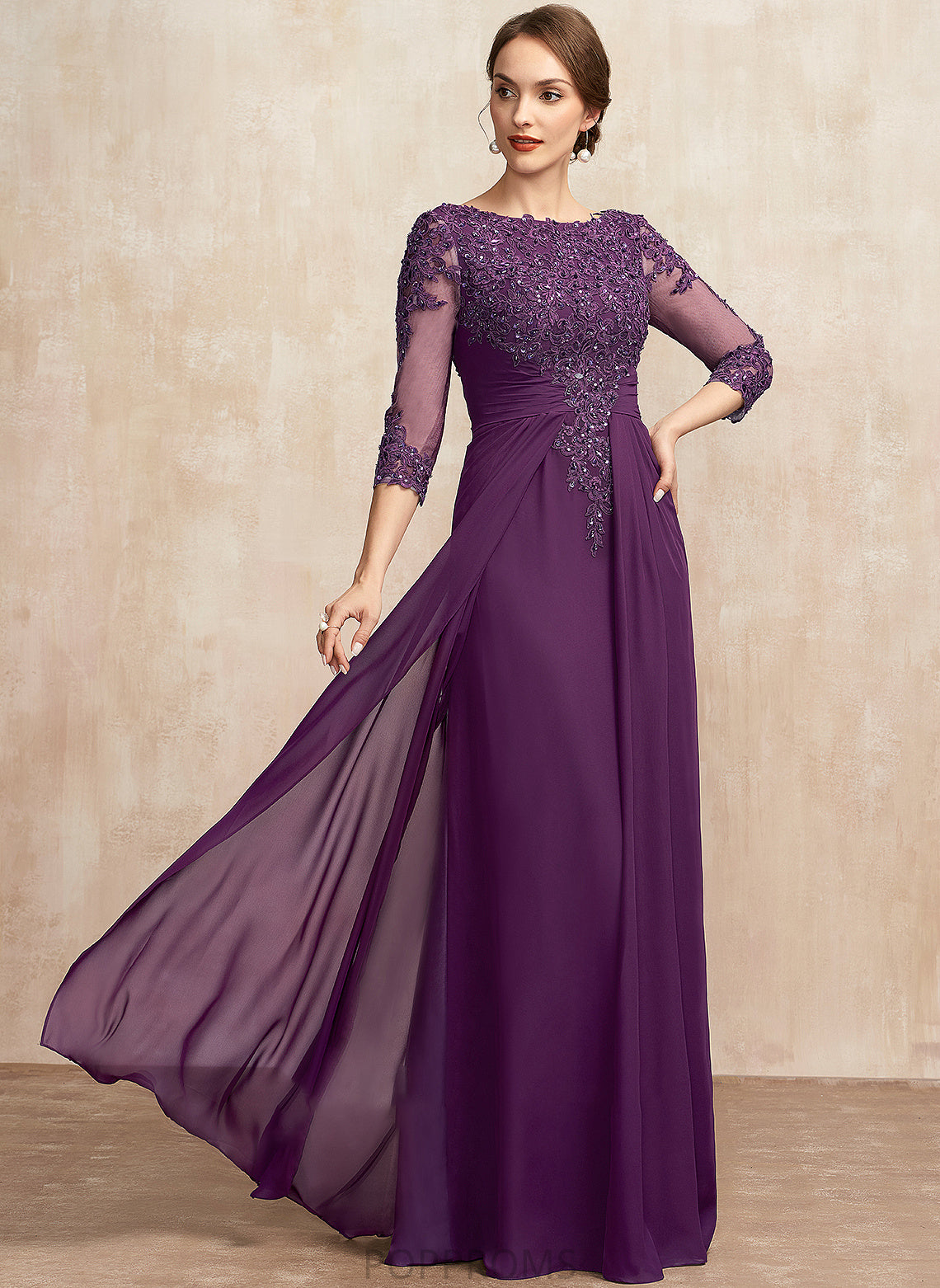 Neck Lace Dress Sequins the Beading With Mother of the Bride Dresses Elizabeth A-Line Bride Floor-Length of Mother Chiffon Scoop