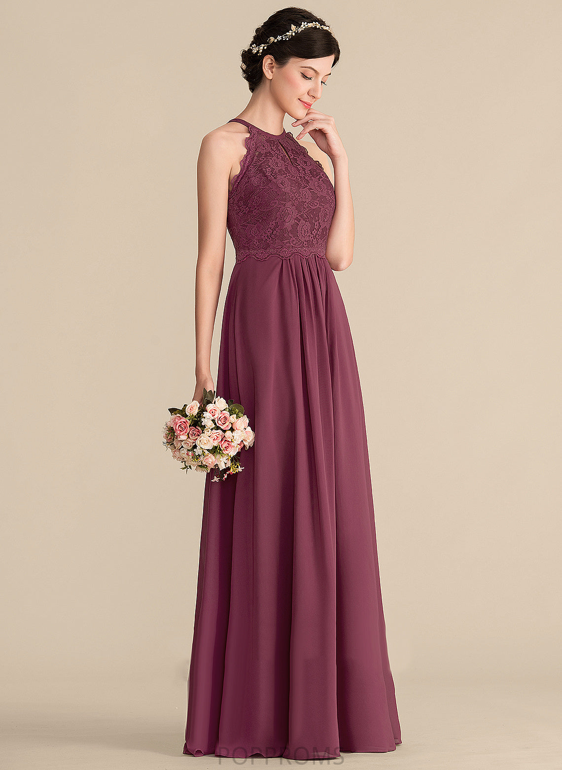 Kinley Lace Scoop Floor-Length Chiffon A-Line Prom Dresses