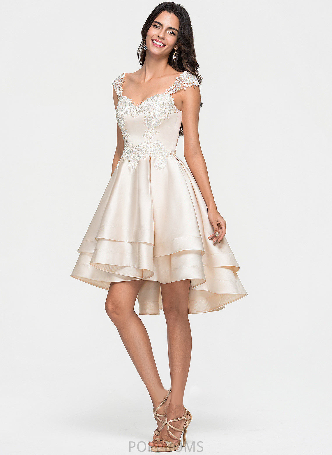 Lace Beading A-Line Satin Ruffles Cascading With Sweetheart Asymmetrical Prom Dresses Marilyn