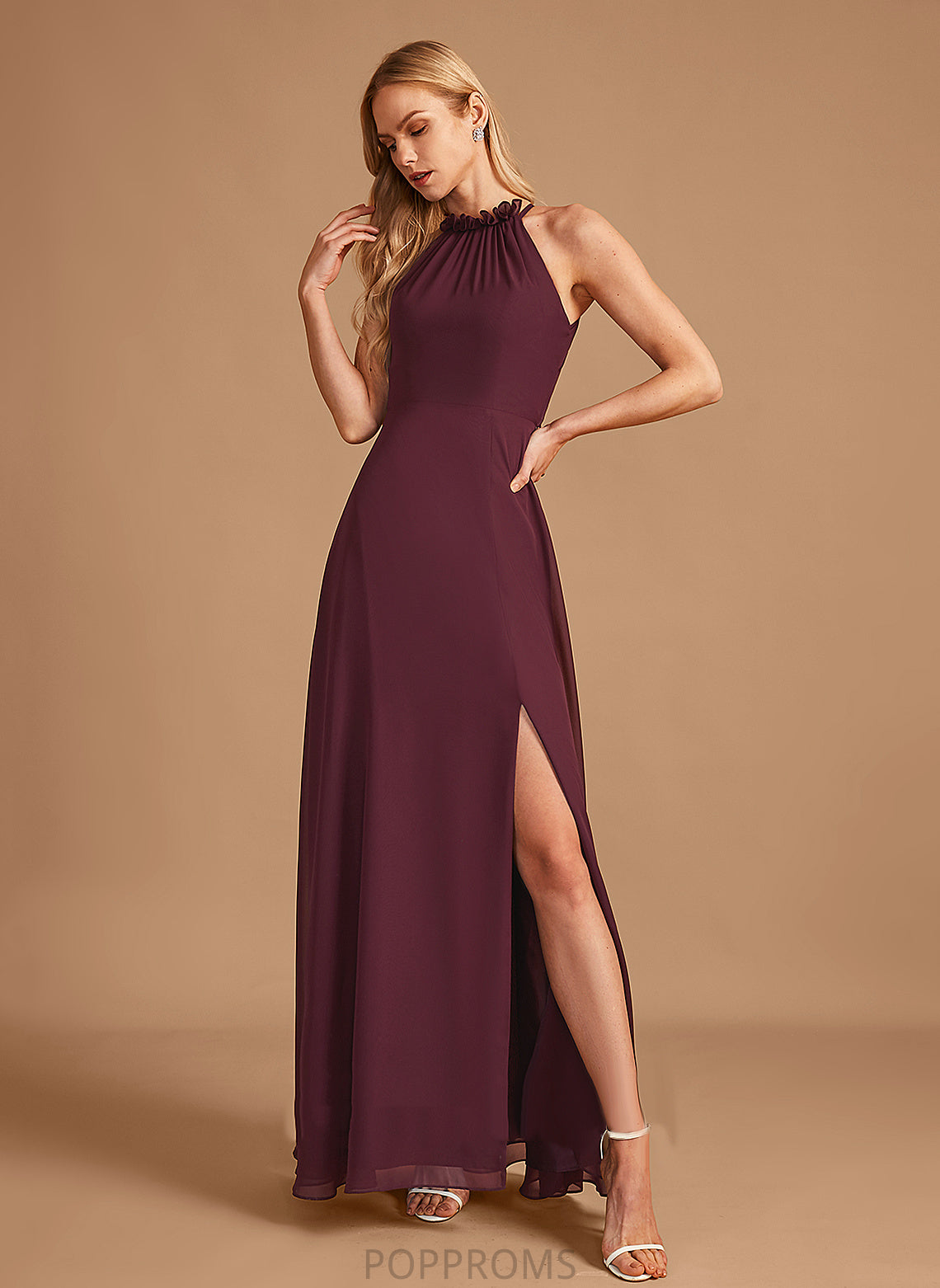 A-Line HighNeck Fabric Length Silhouette Embellishment SplitFront Neckline Floor-Length Brenda Floor Length A-Line/Princess Bridesmaid Dresses