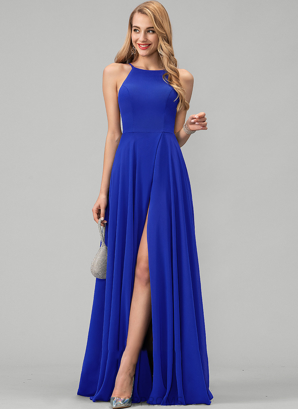 Kim Front Prom Dresses Split Floor-Length Scoop Neck A-Line With Chiffon