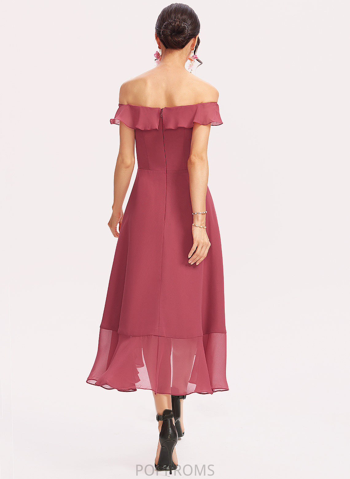 Sherry Chiffon Dress Tea-Length Cascading Off-the-Shoulder Cocktail With Cocktail Dresses Ruffles A-Line