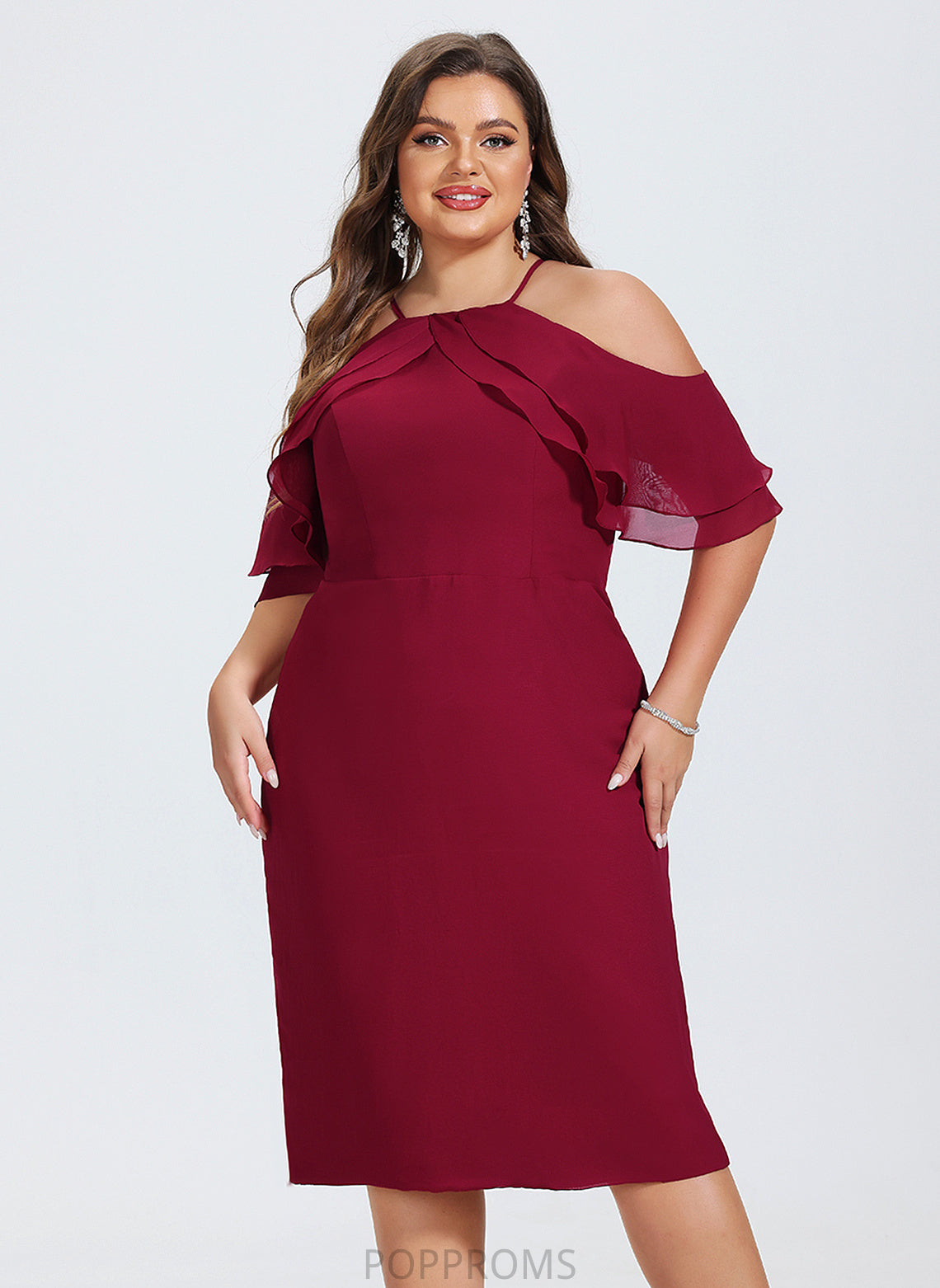 Dress Lilyana Sheath/Column Knee-Length Chiffon Ruffles Square Cocktail Cascading With Neckline Cocktail Dresses