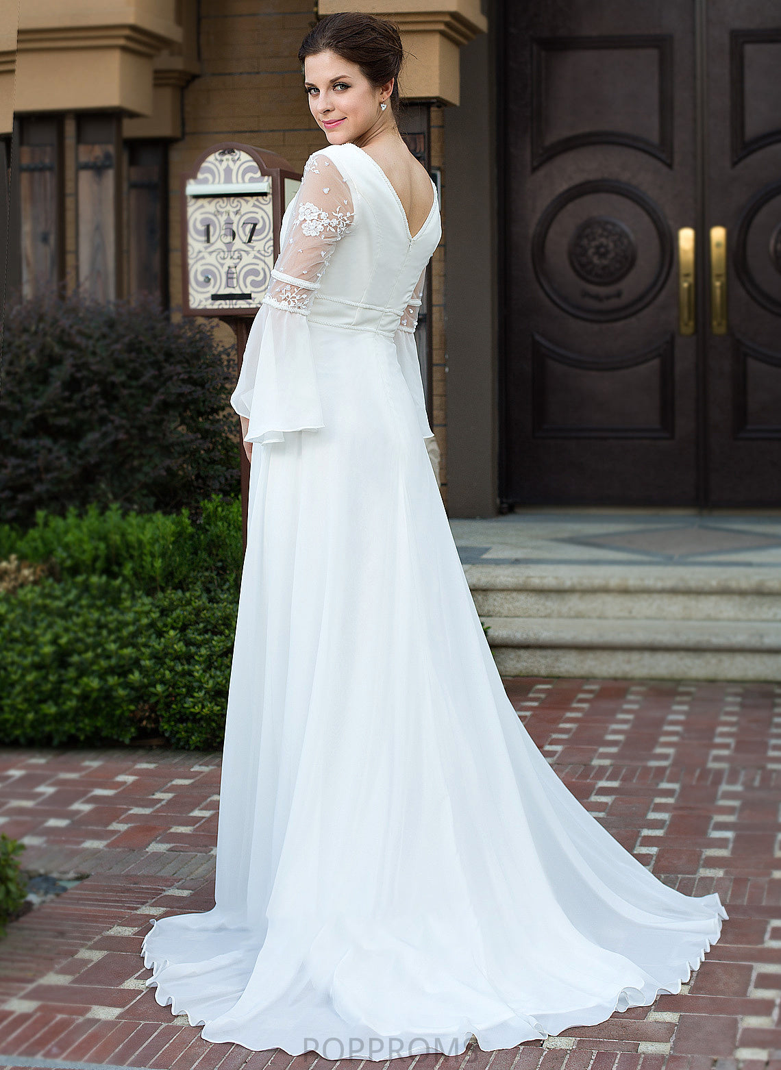 Dress Wedding Train A-Line Lace Kaleigh Chiffon Beading V-neck Court With Wedding Dresses