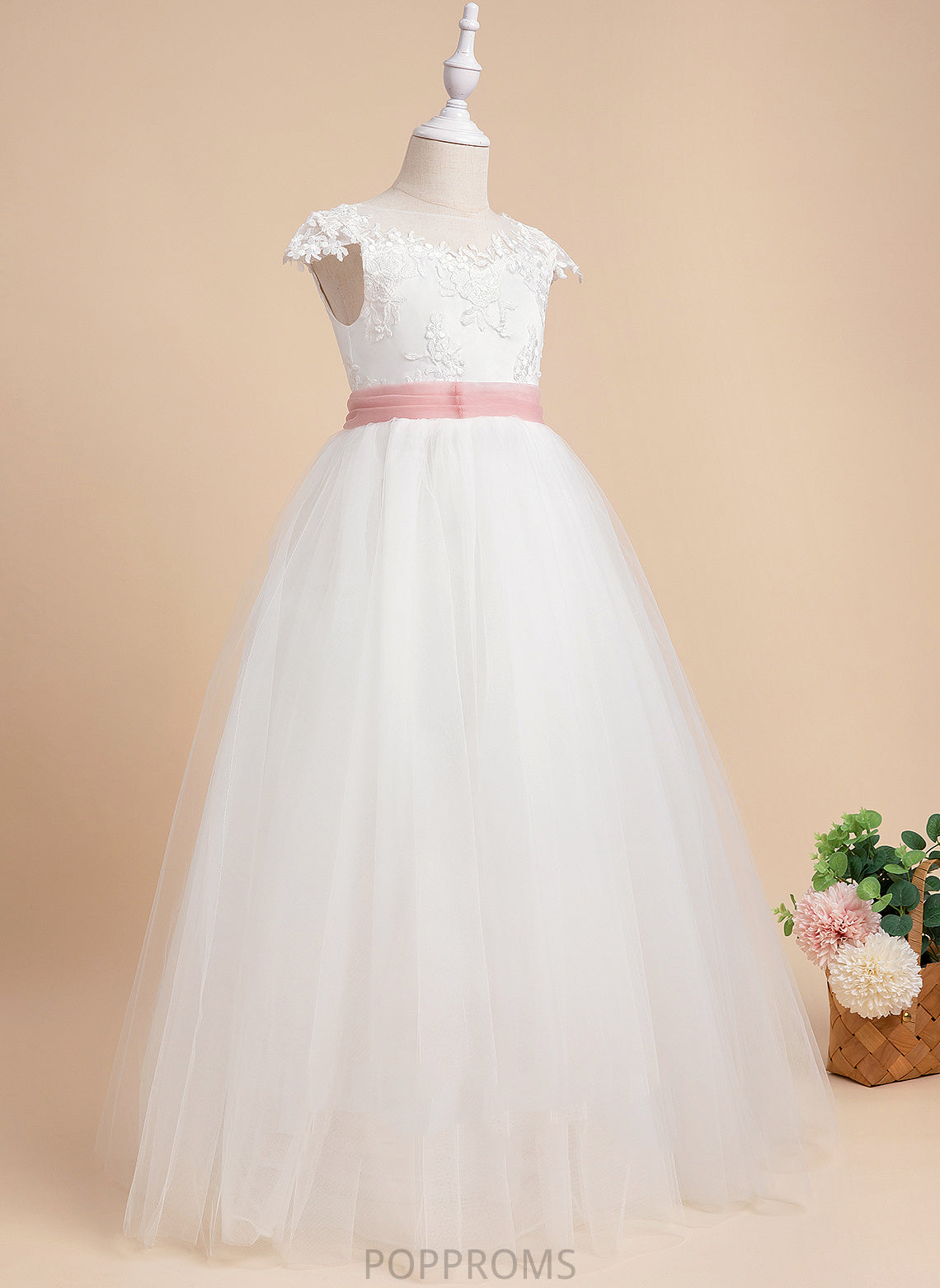 With Sleeveless Dress Willow Scoop Ball-Gown/Princess Flower Neck Lace/Sash Floor-length Girl Lace - Flower Girl Dresses