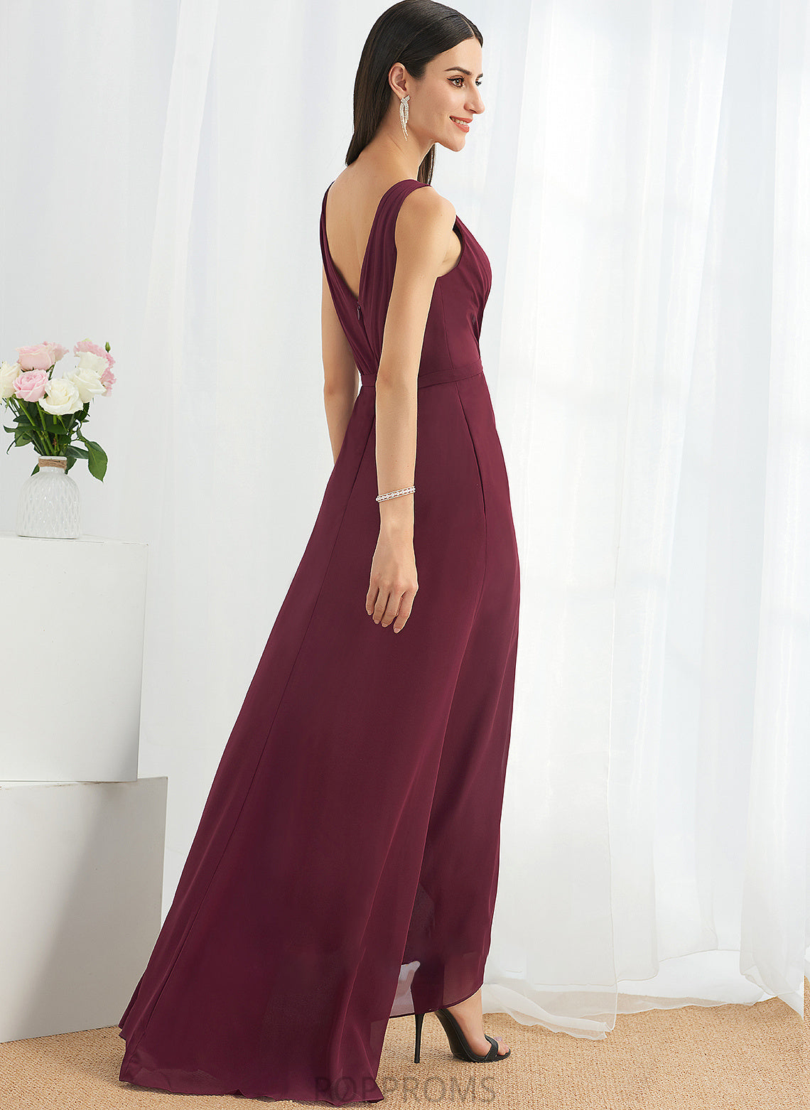 Length Fabric Silhouette Asymmetrical A-Line V-neck SplitFront Embellishment Neckline Jean V-Neck Floor Length Bridesmaid Dresses