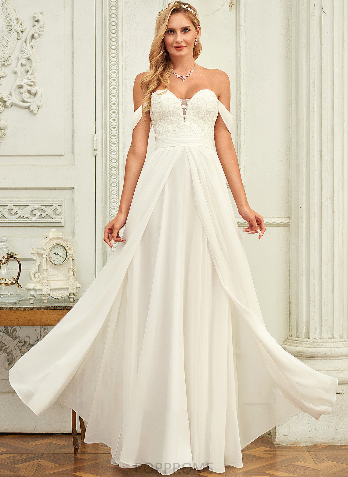 Floor-Length Wedding Dresses A-Line Wedding Chiffon Makaila Off-the-Shoulder Lace Dress