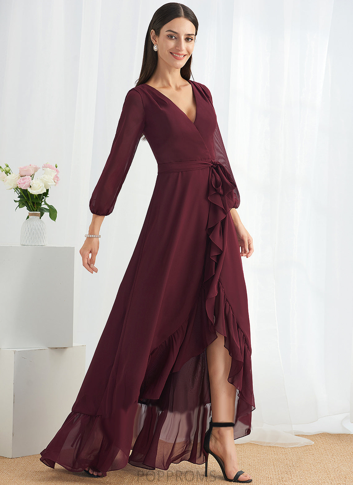 Christine Dress A-Line Front With Cocktail Cocktail Dresses Asymmetrical Split Chiffon Ruffle V-neck