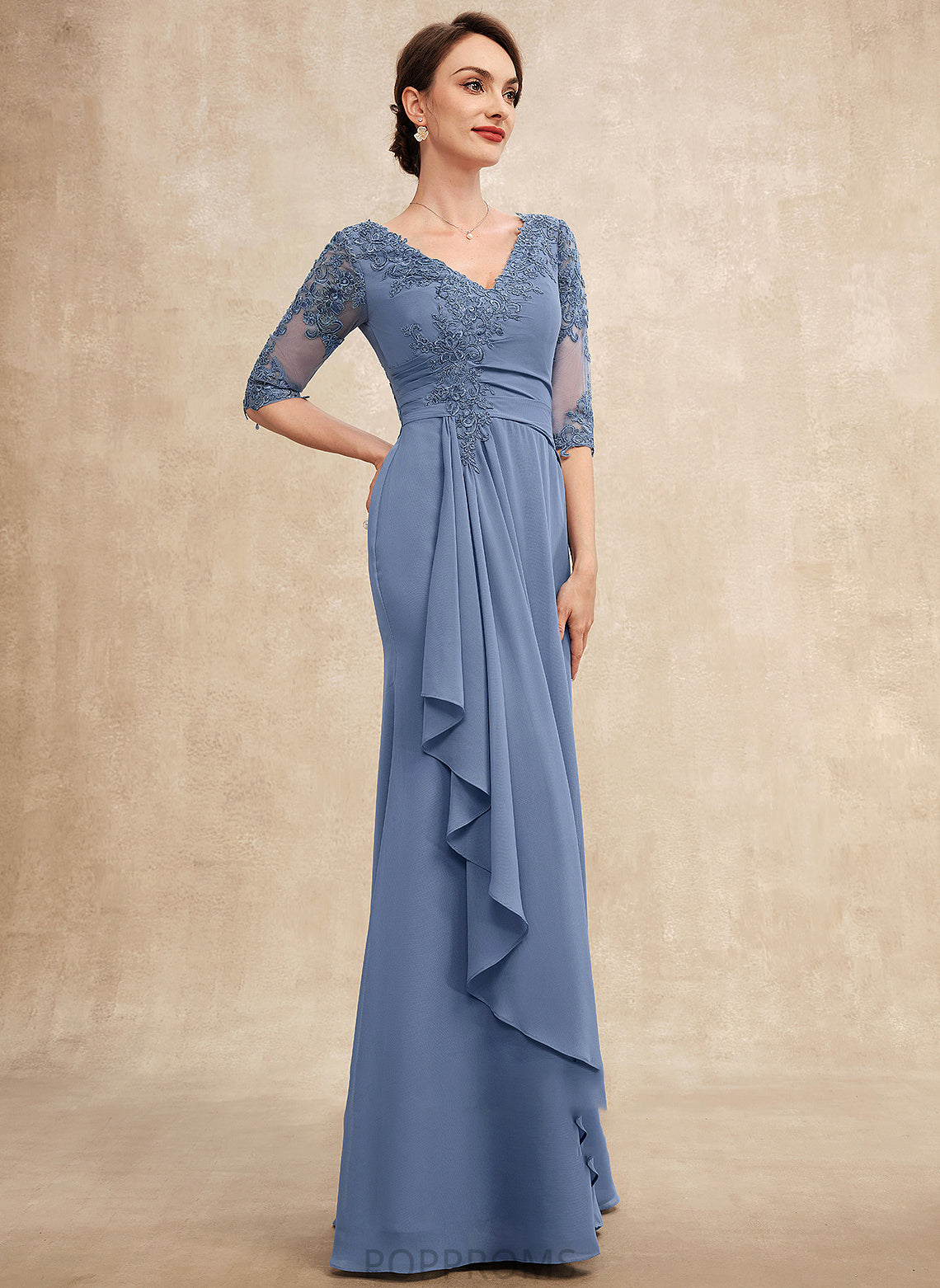 Bride A-Line the V-neck Chiffon Kenzie of Cascading Dress Floor-Length Lace Mother With Mother of the Bride Dresses Ruffles