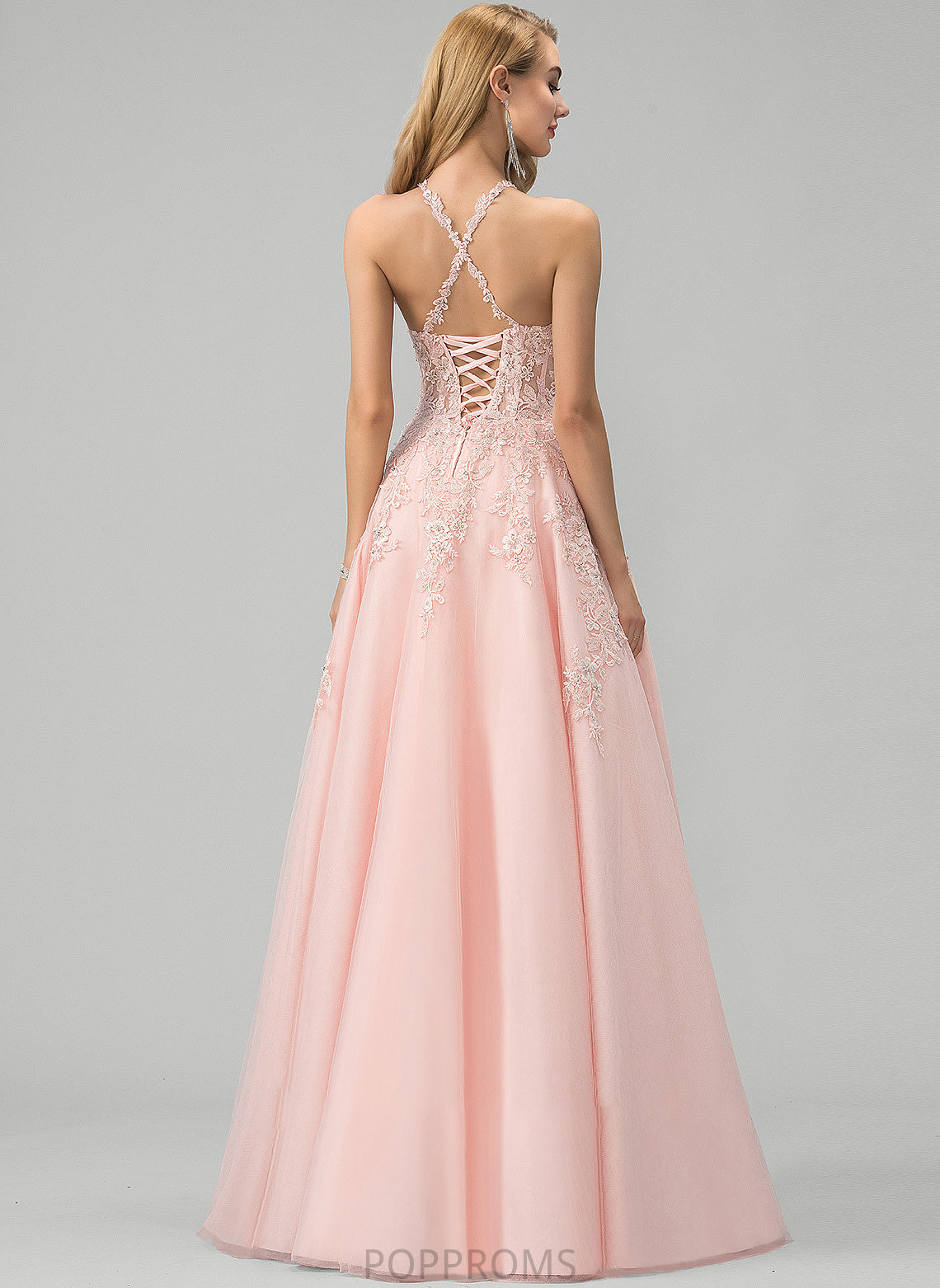 Scoop Tulle Angela Neck Floor-Length Ball-Gown/Princess Lace Sequins Prom Dresses With Beading