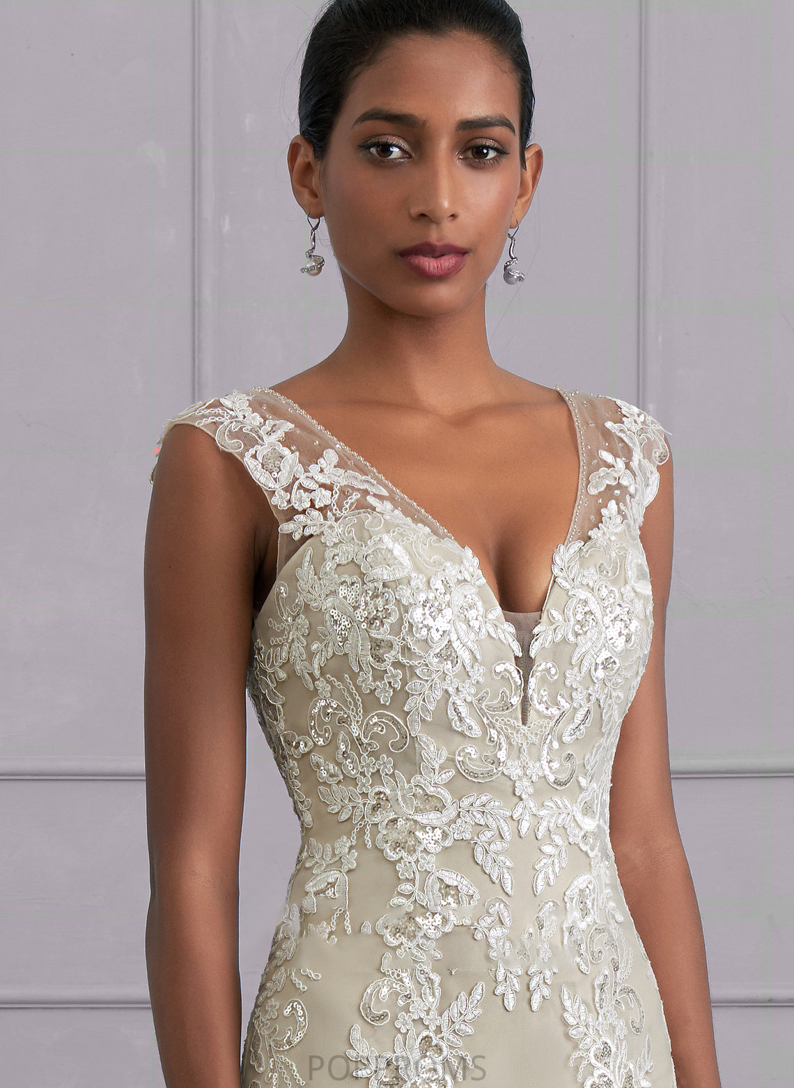 Dress Lace Sequins Wedding Dresses With Tulle Court V-neck Beading Train Sydnee Wedding A-Line