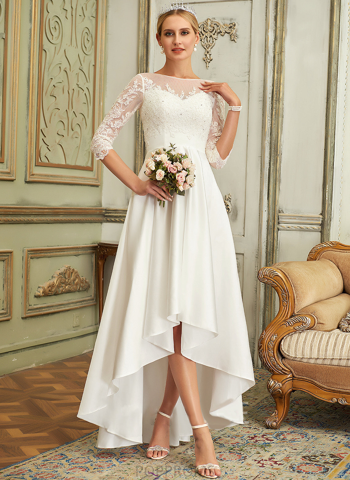 Satin Neck Wedding Laila Wedding Dresses A-Line Asymmetrical Dress Lace Scoop