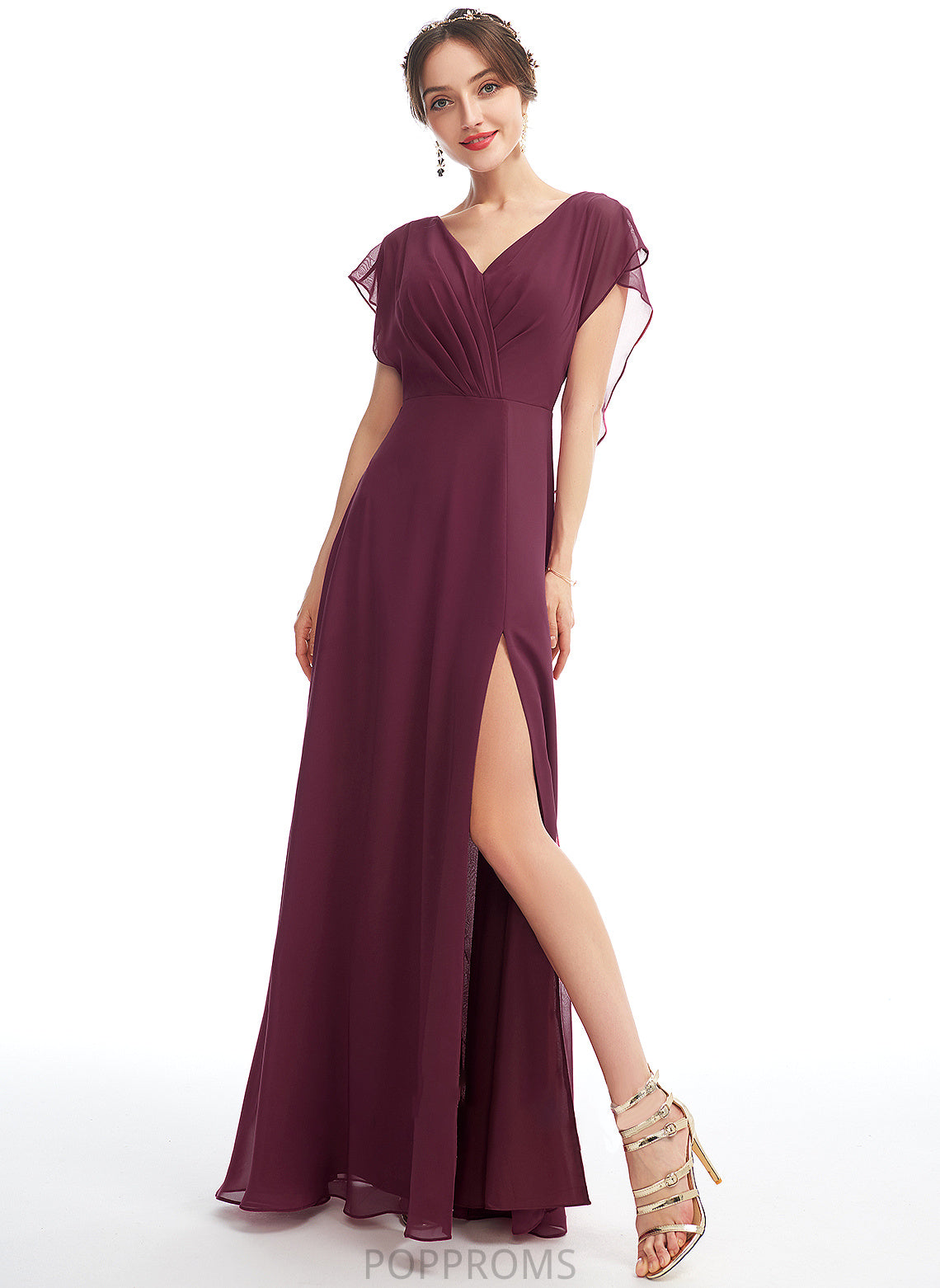 V-neck Embellishment Neckline Floor-Length Ruffle Length SplitFront Fabric A-Line Silhouette Maeve Short Sleeves Bridesmaid Dresses