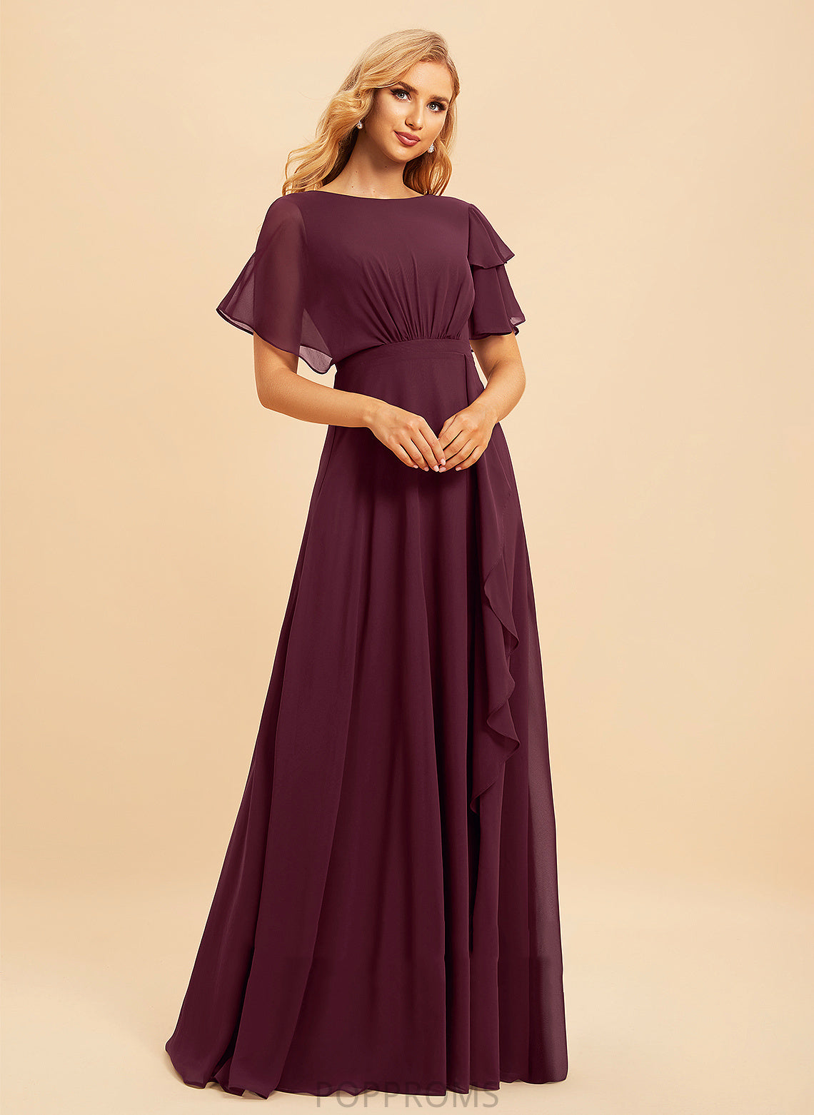 A-Line Neckline Fabric Ruffle SplitFront Silhouette ScoopNeck Floor-Length Embellishment Length Rosalie A-Line/Princess Bridesmaid Dresses