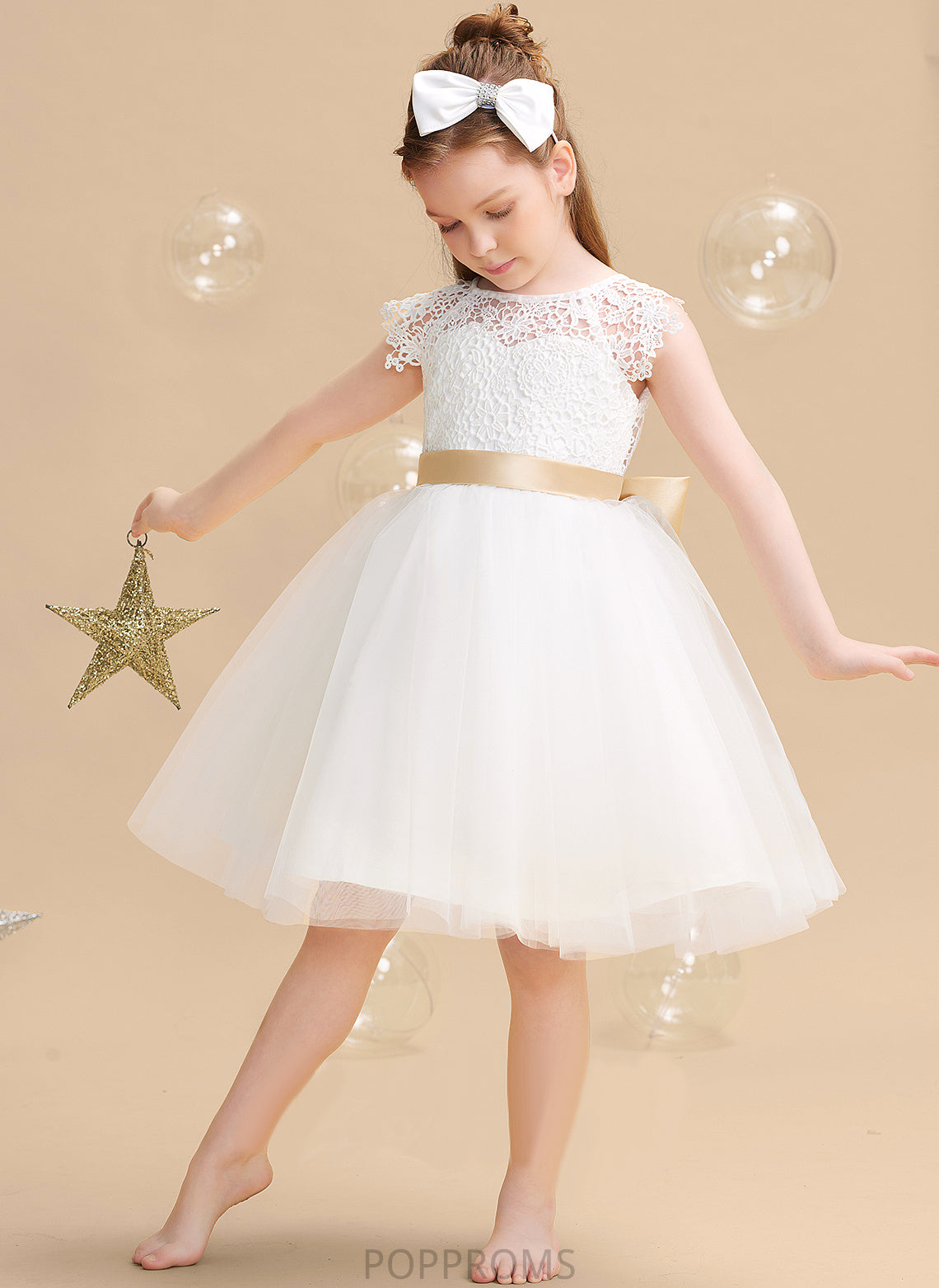 Tulle/Lace Sleeves (Undetachable Neck Dress Knee-length Flower Short Girl Scoop Elsa sash) - A-Line With Sash/Bow(s) Flower Girl Dresses