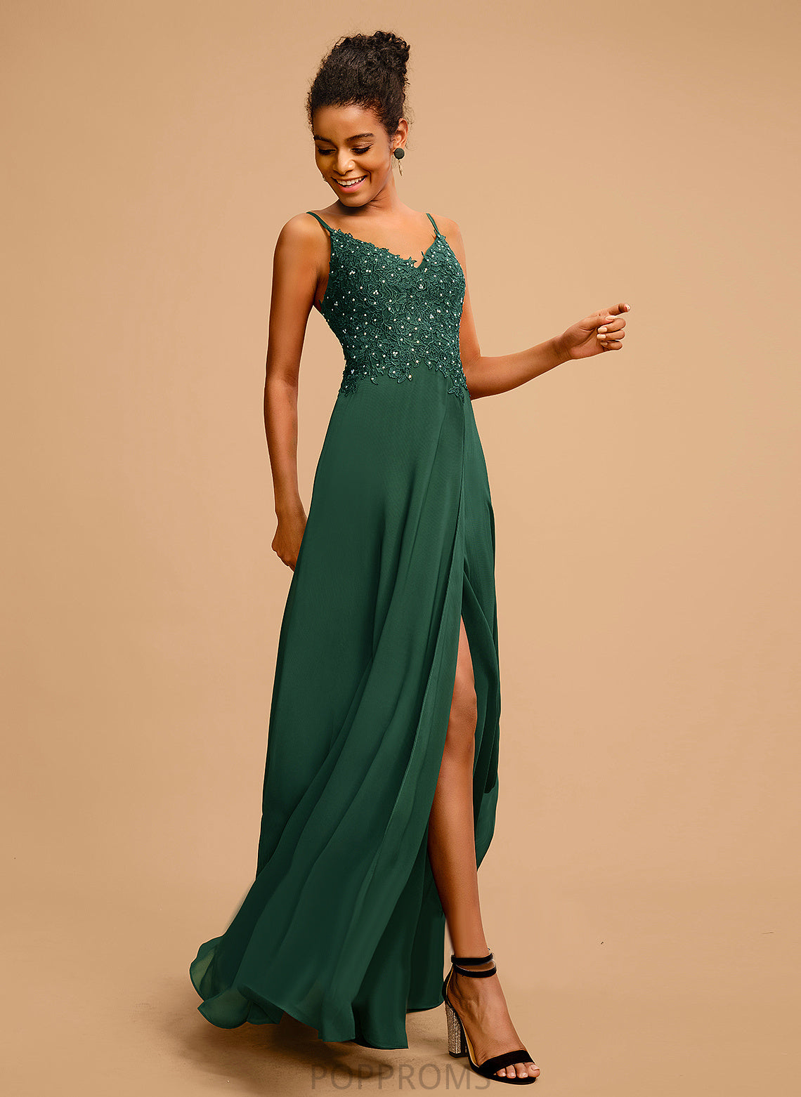 With Floor-Length V-neck Lace Chiffon A-Line Prom Dresses Krista Sequins Beading