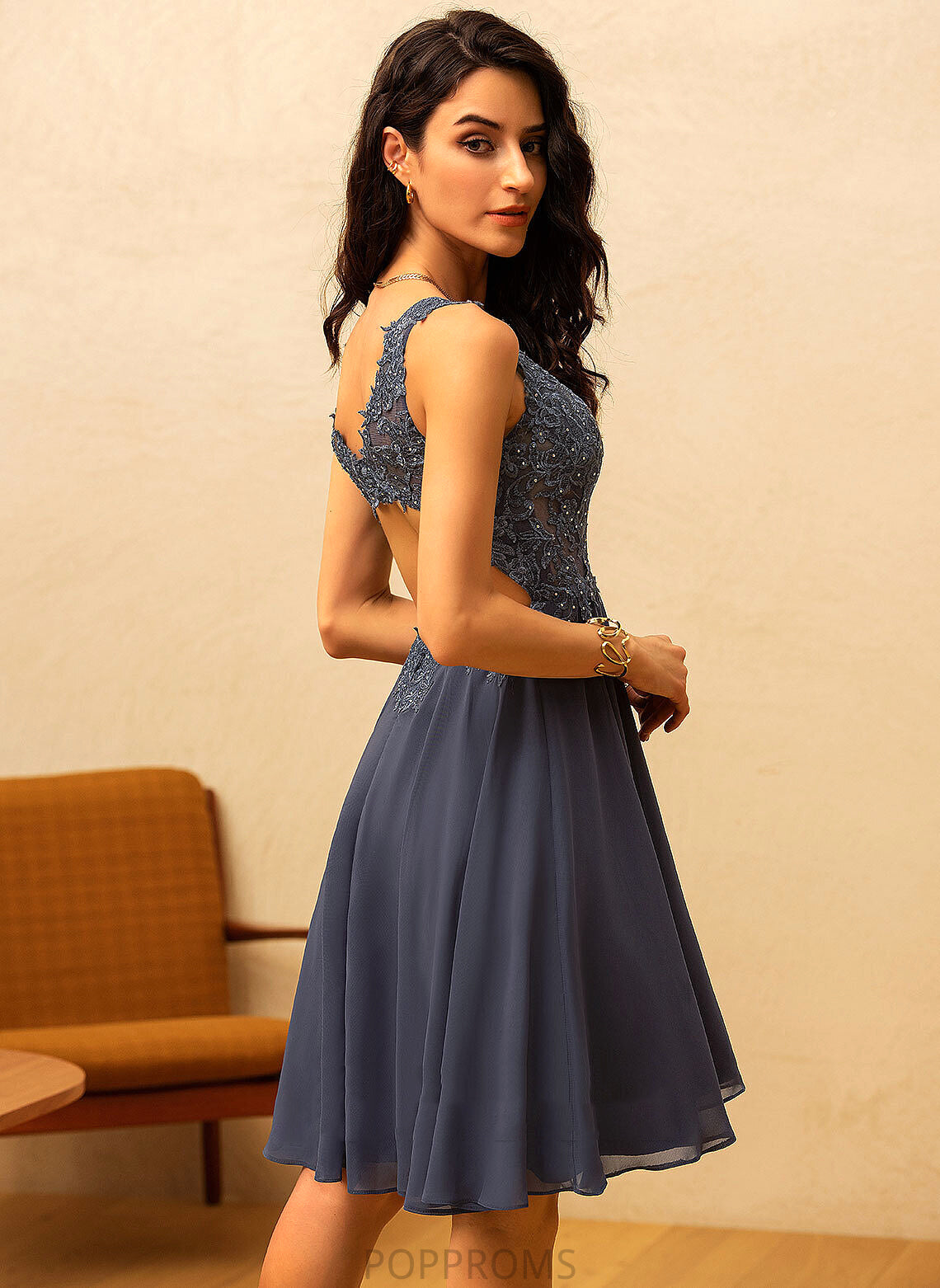 V-neck Chiffon With Dress Lace A-Line Homecoming Dresses Homecoming Lucille Knee-Length Beading