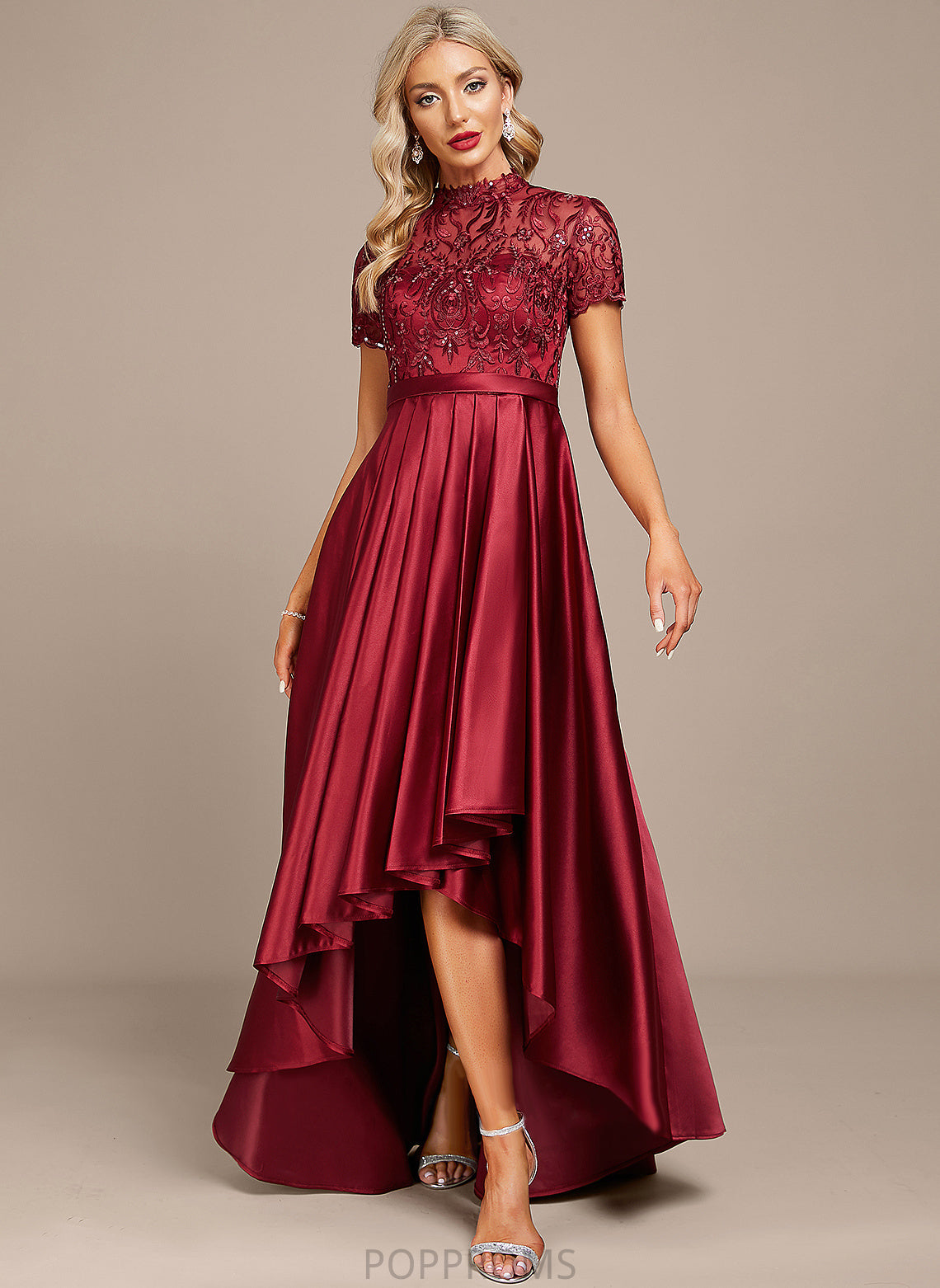 Daisy A-Line Dress Ruffle Sequins Asymmetrical Cocktail Neck With Lace High Satin Cocktail Dresses