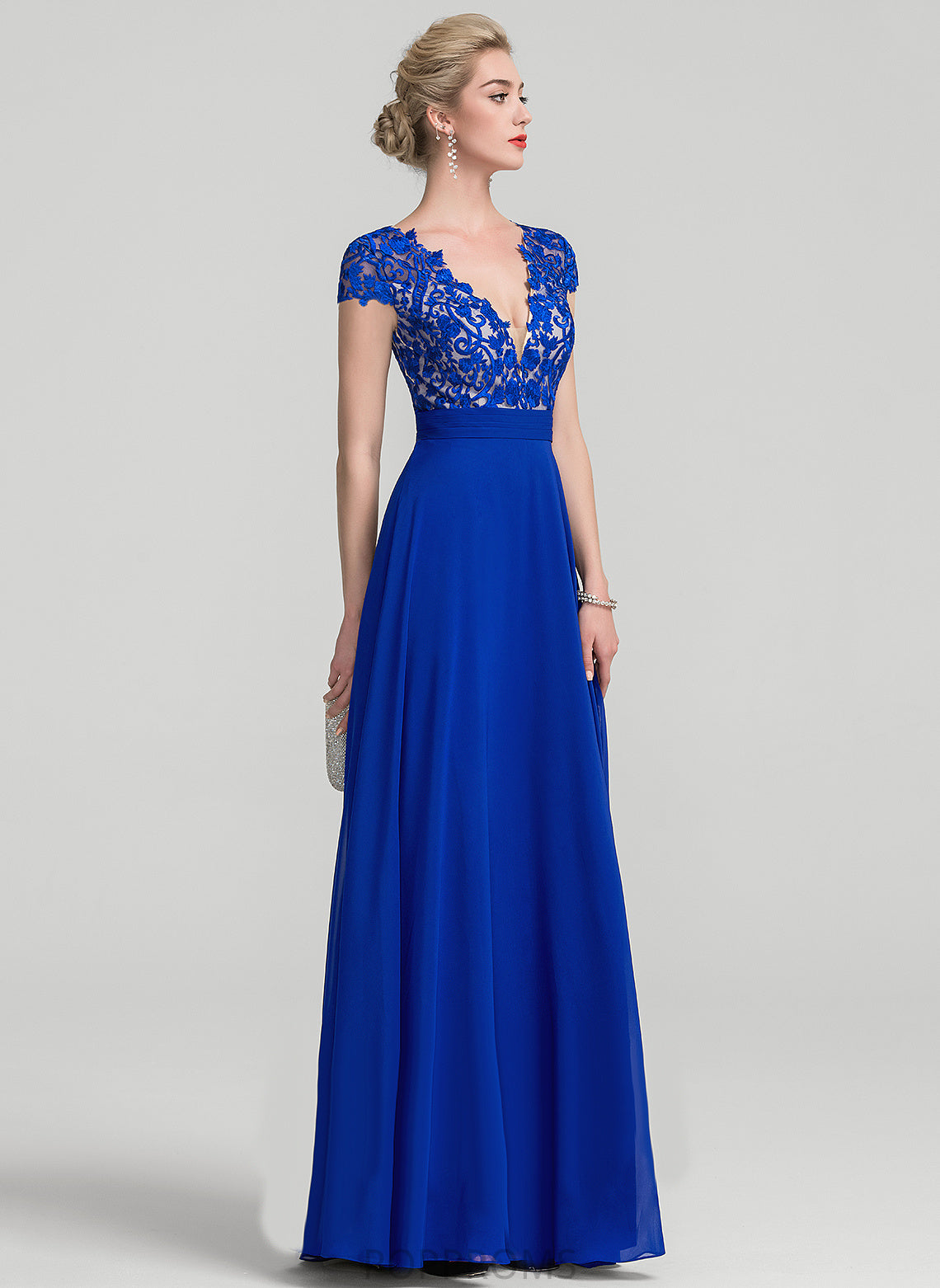 V-neck Lace Floor-Length With Chiffon Damaris Ruffle A-Line Prom Dresses