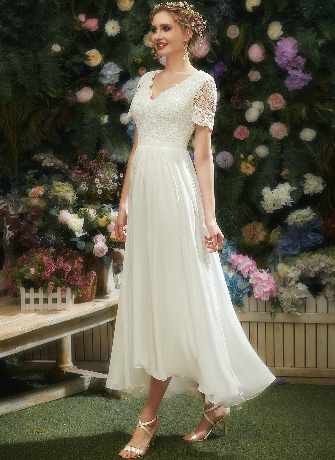 Marisa With Wedding Dresses Asymmetrical A-Line Dress Lace Wedding V-neck