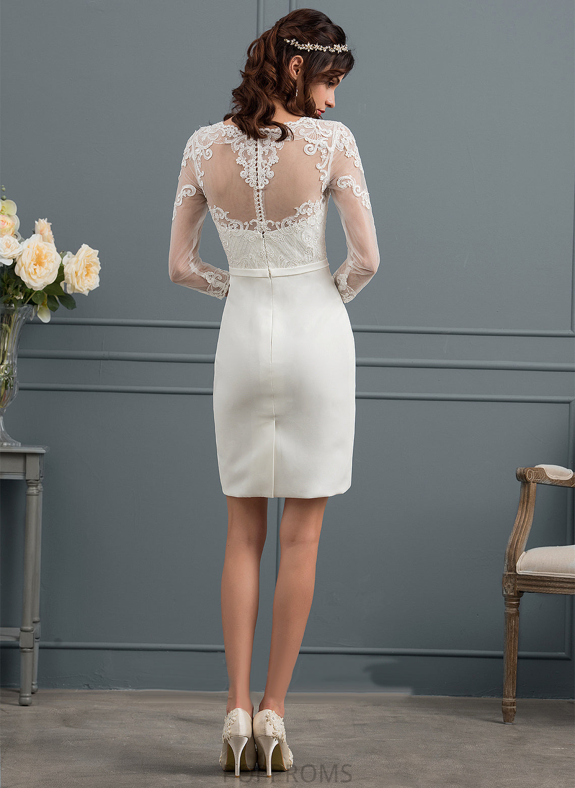 Lace Kayley Wedding Dresses Wedding Crepe Dress Knee-Length With Sheath/Column Illusion Bow(s) Stretch Sequins