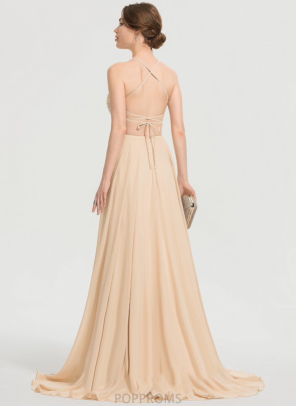 Train Square Sequins Chiffon A-Line Sweep Ali With Beading Prom Dresses