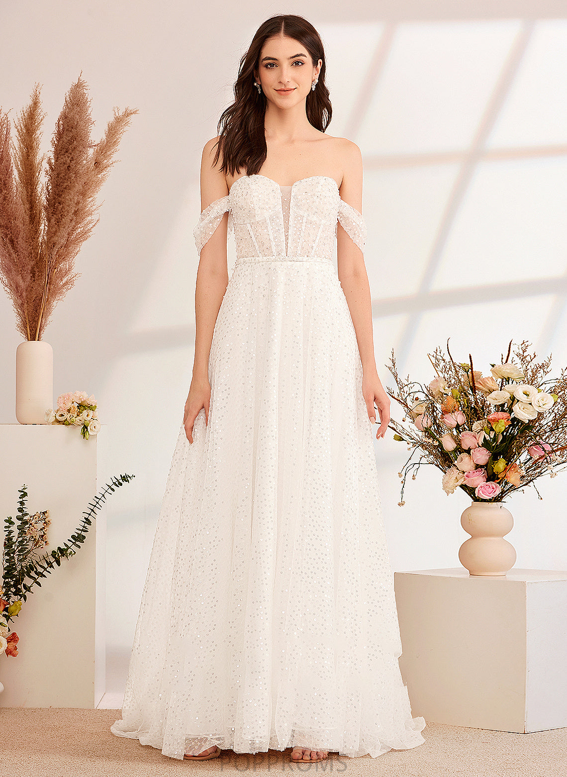 Wedding Dresses Off-the-Shoulder Wedding A-Line Sequins Dress With Lia Train Sweep