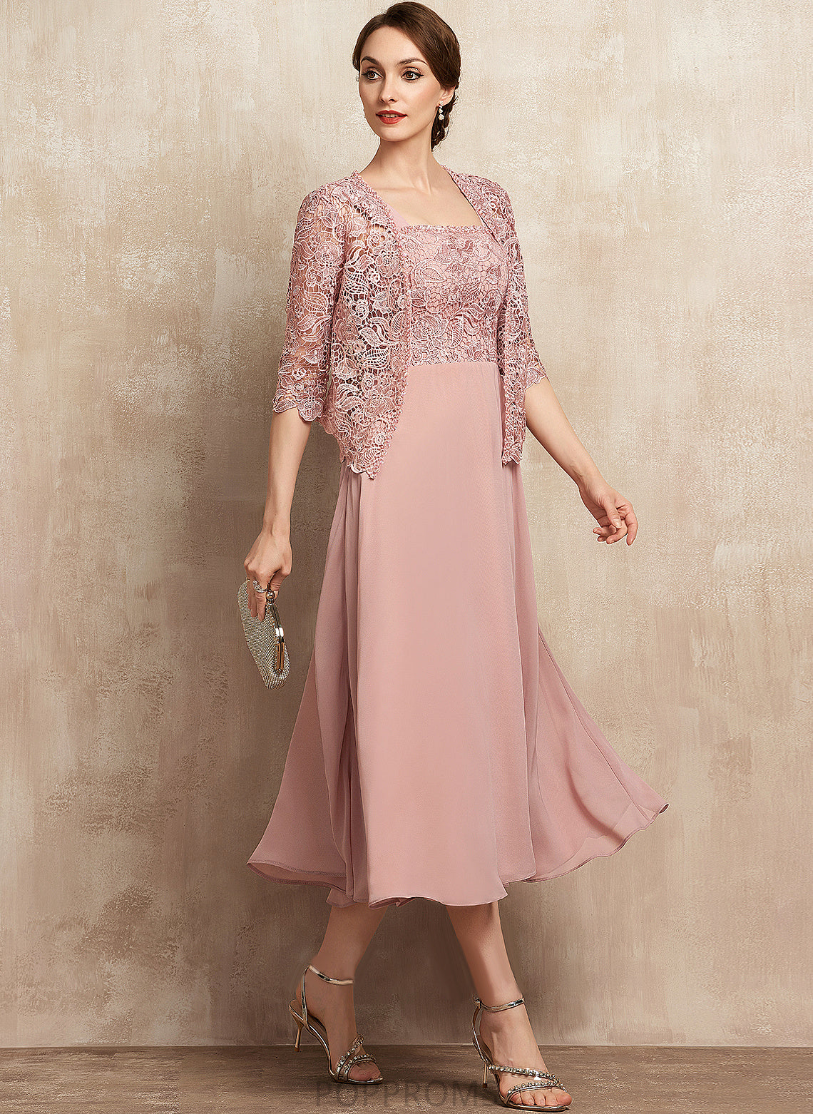 Beading Neckline Tea-Length Dress A-Line of Square With the Chiffon Bride Hillary Lace Mother Mother of the Bride Dresses Sequins