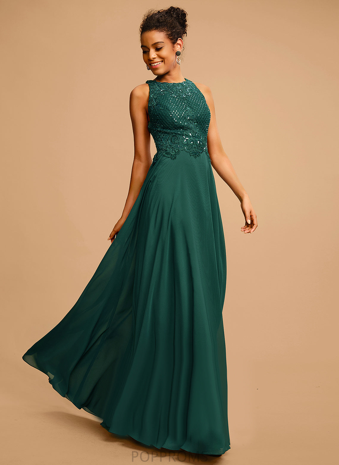 A-Line Sequins Prom Dresses Floor-Length Lace Scoop Chiffon Justice With