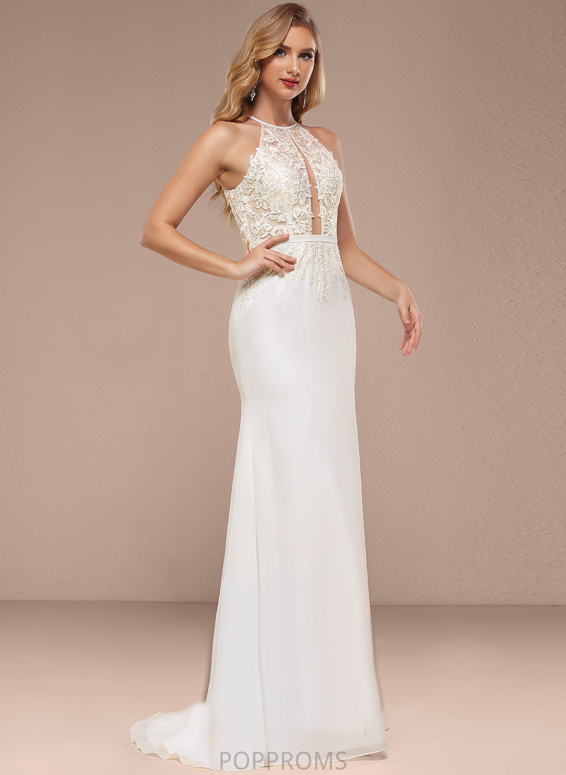 Wedding Dress Trumpet/Mermaid Halter Train Lace Sweep Wedding Dresses Shirley Chiffon With Sequins