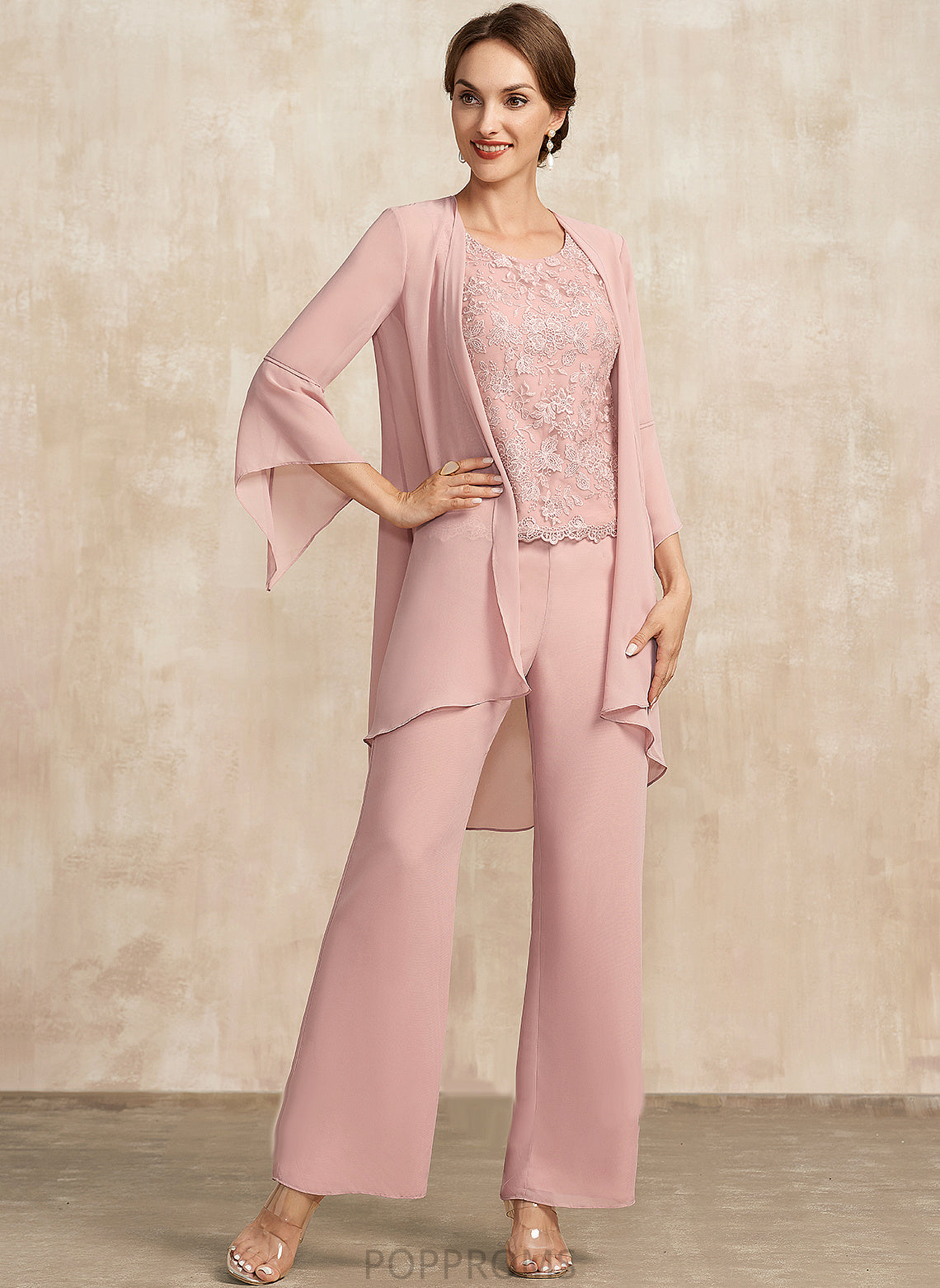 Chiffon of Scoop Dress Jumpsuit/Pantsuit the Mother Ankle-Length Bride Mother of the Bride Dresses Lace Neck Vivian