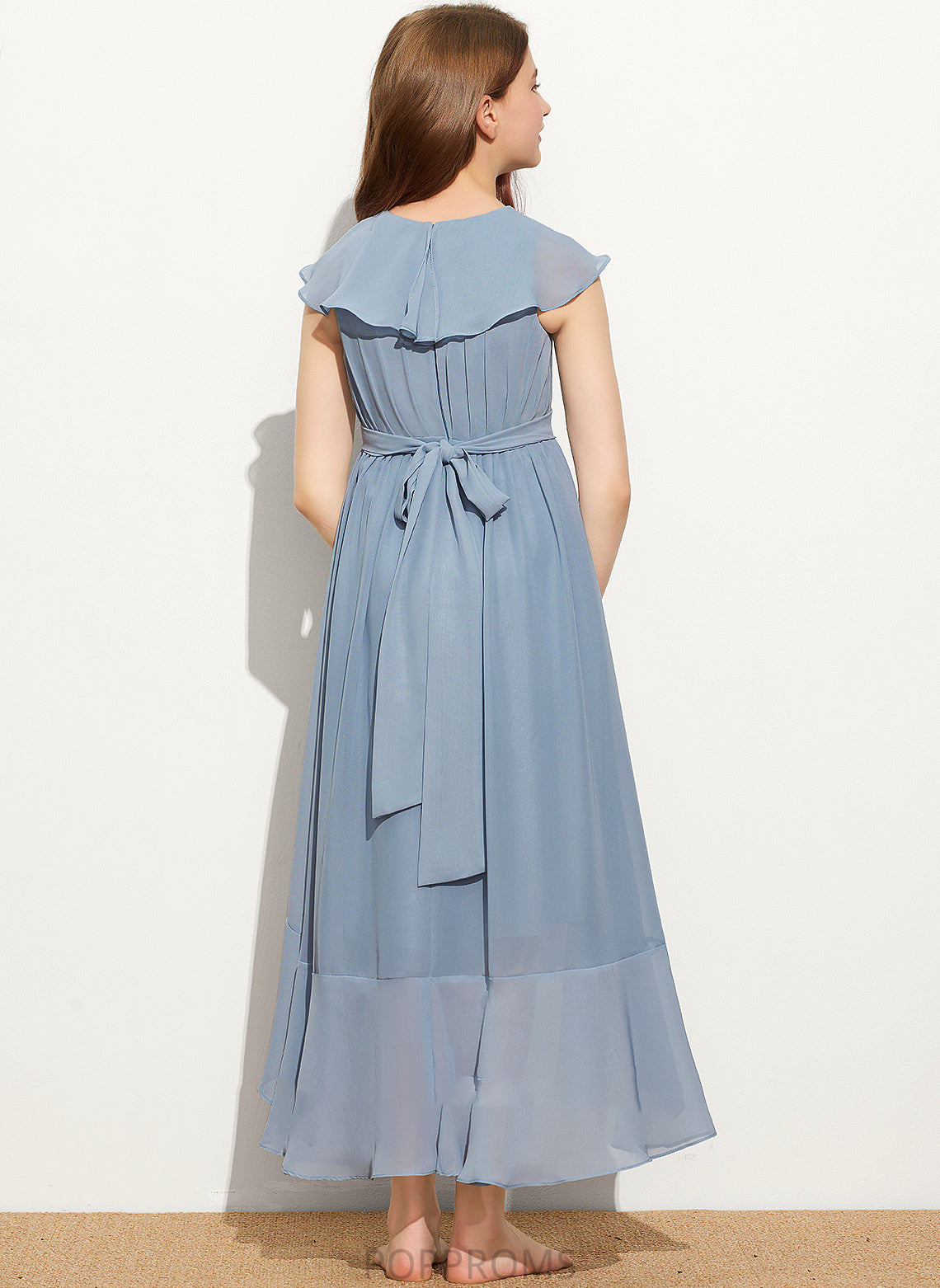 With Diana V-neck Asymmetrical A-Line Chiffon Ruffles Cascading Junior Bridesmaid Dresses Bow(s)