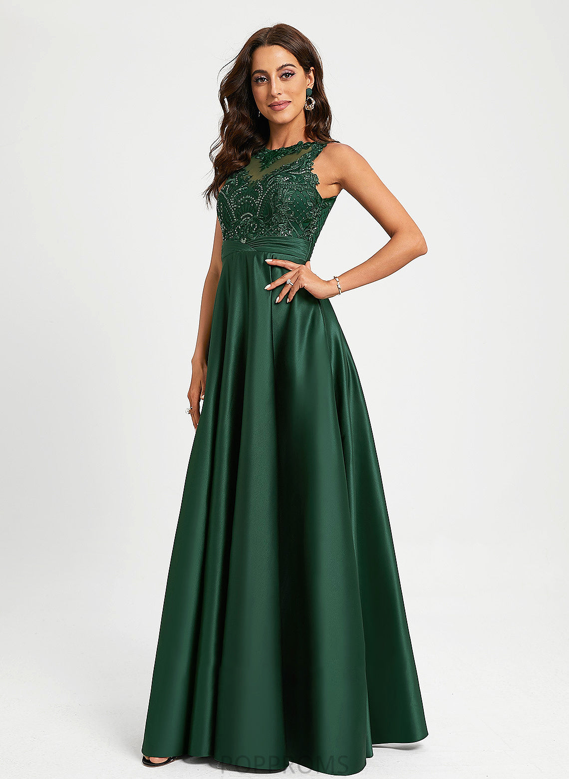 Floor-Length Scoop Sequins Ball-Gown/Princess Satin Lace Prom Dresses Neck Ina With