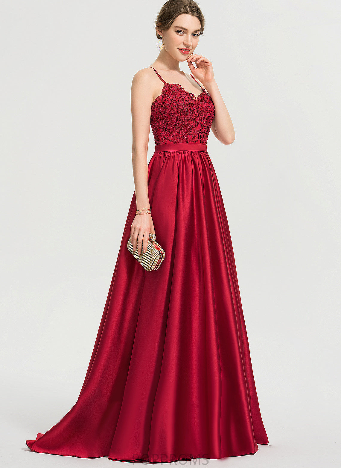 V-neck Satin Keyla With Sequins Sweep Ball-Gown/Princess Train Prom Dresses Beading Lace